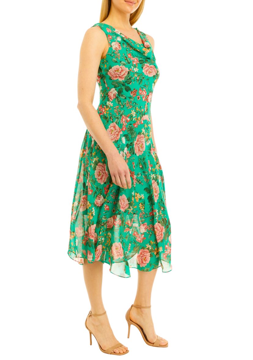 Womens Sleeveless Floral Print Chiffon Midi Dress