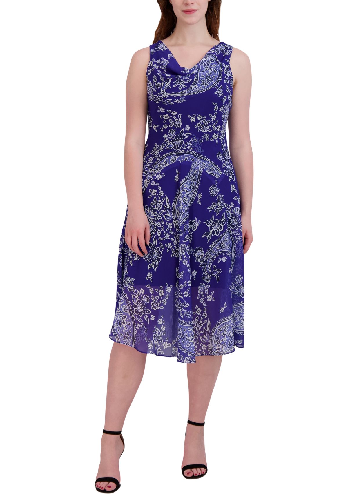 Womens Sleeveless Cowl Neck Paisley Printed Midi Chiffon Dress