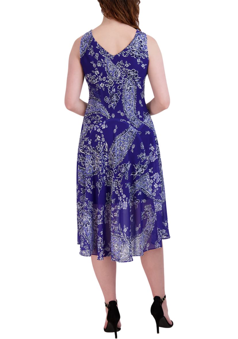 Womens Sleeveless Cowl Neck Paisley Printed Midi Chiffon Dress