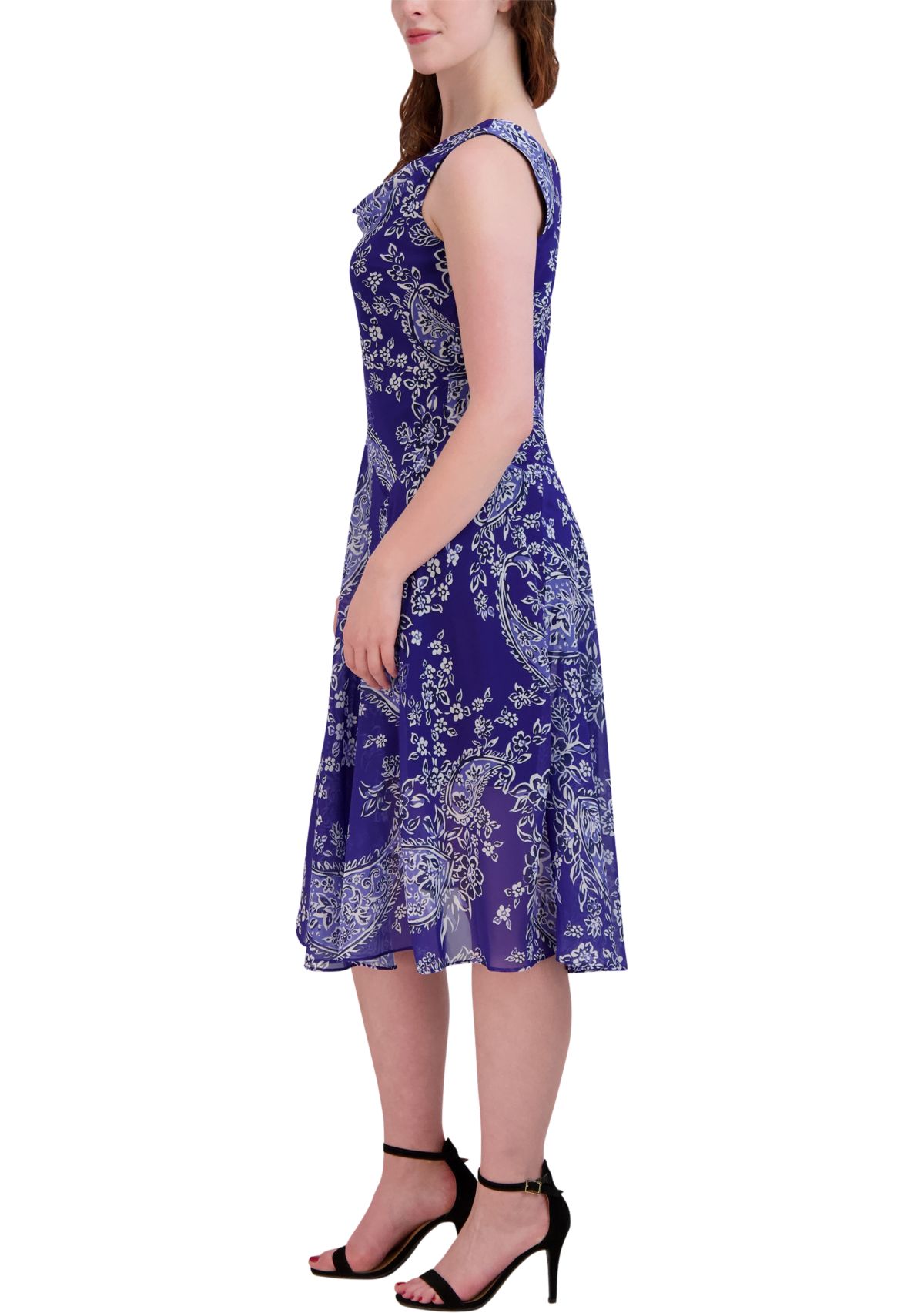 Womens Sleeveless Cowl Neck Paisley Printed Midi Chiffon Dress