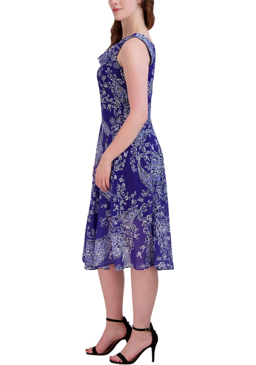 Womens Sleeveless Cowl Neck Paisley Printed Midi Chiffon Dress