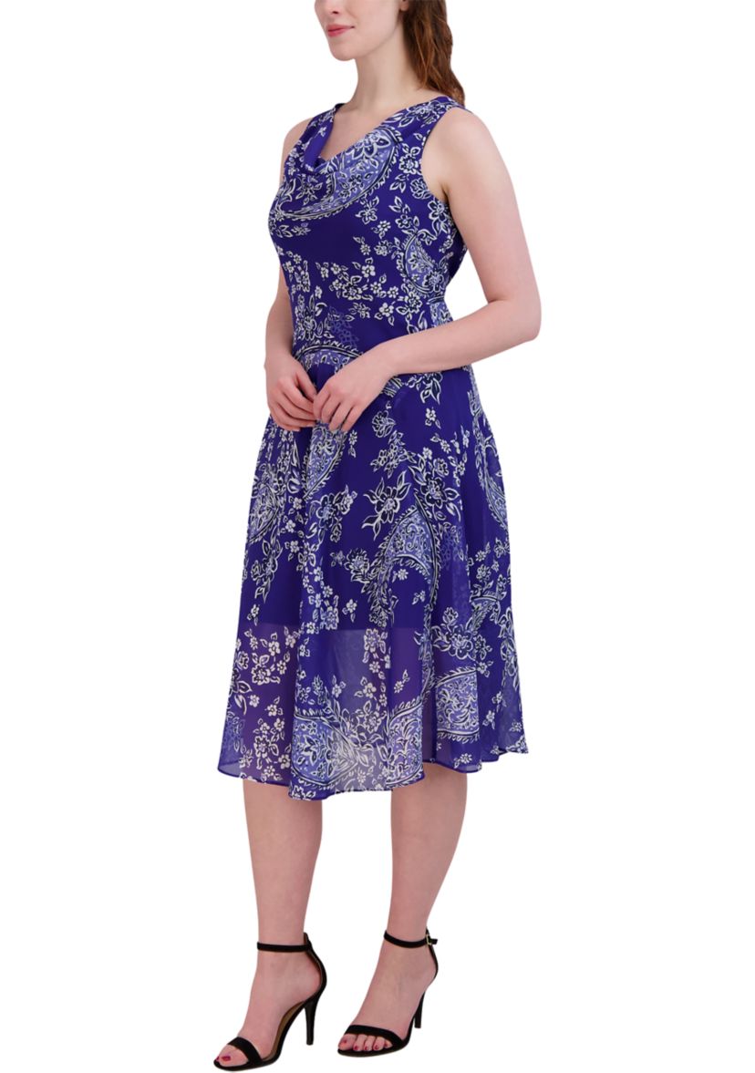 Womens Sleeveless Cowl Neck Paisley Printed Midi Chiffon Dress
