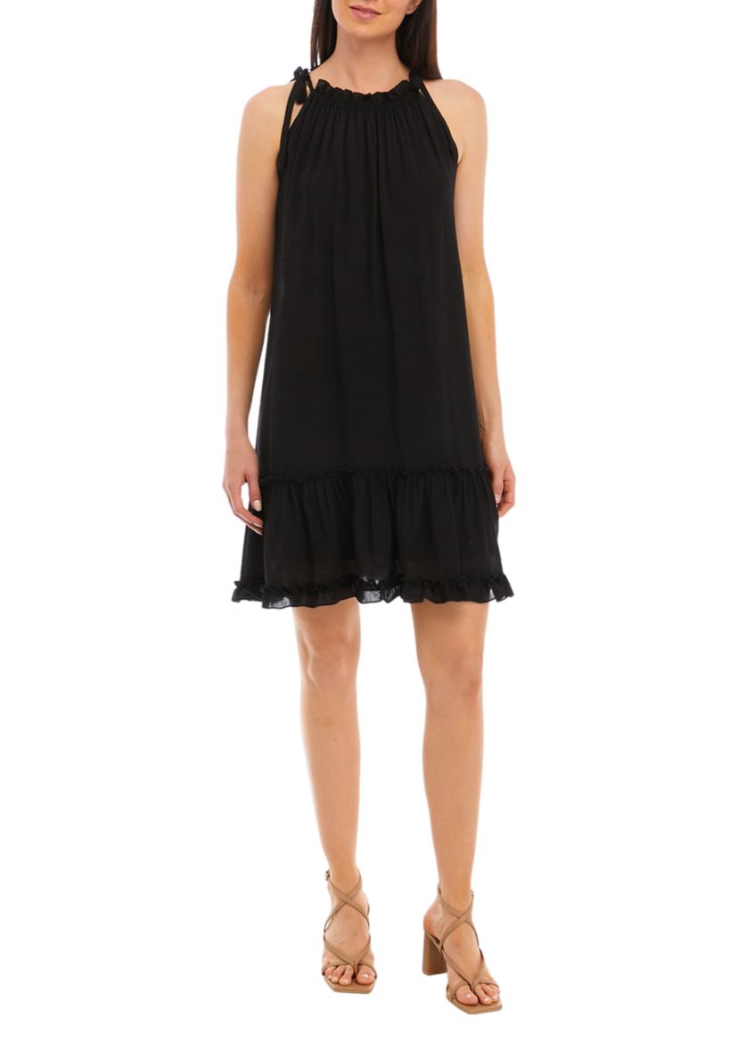 Womens Sleeveless Halter Solid Gauze A-Line Dress