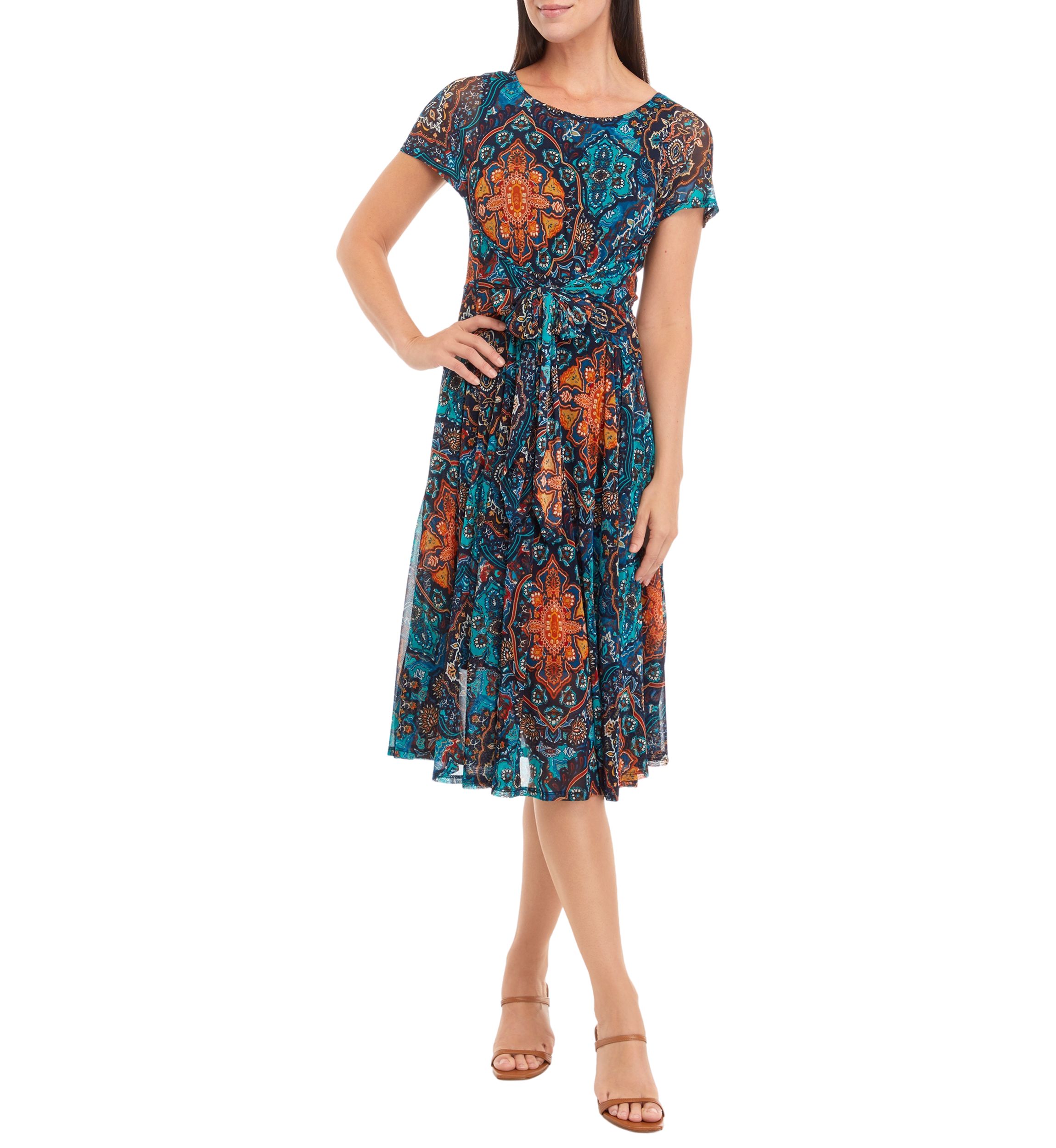 Short Sleeve Round Neck Abstract Print Tie Waist Fit and Flare Dress