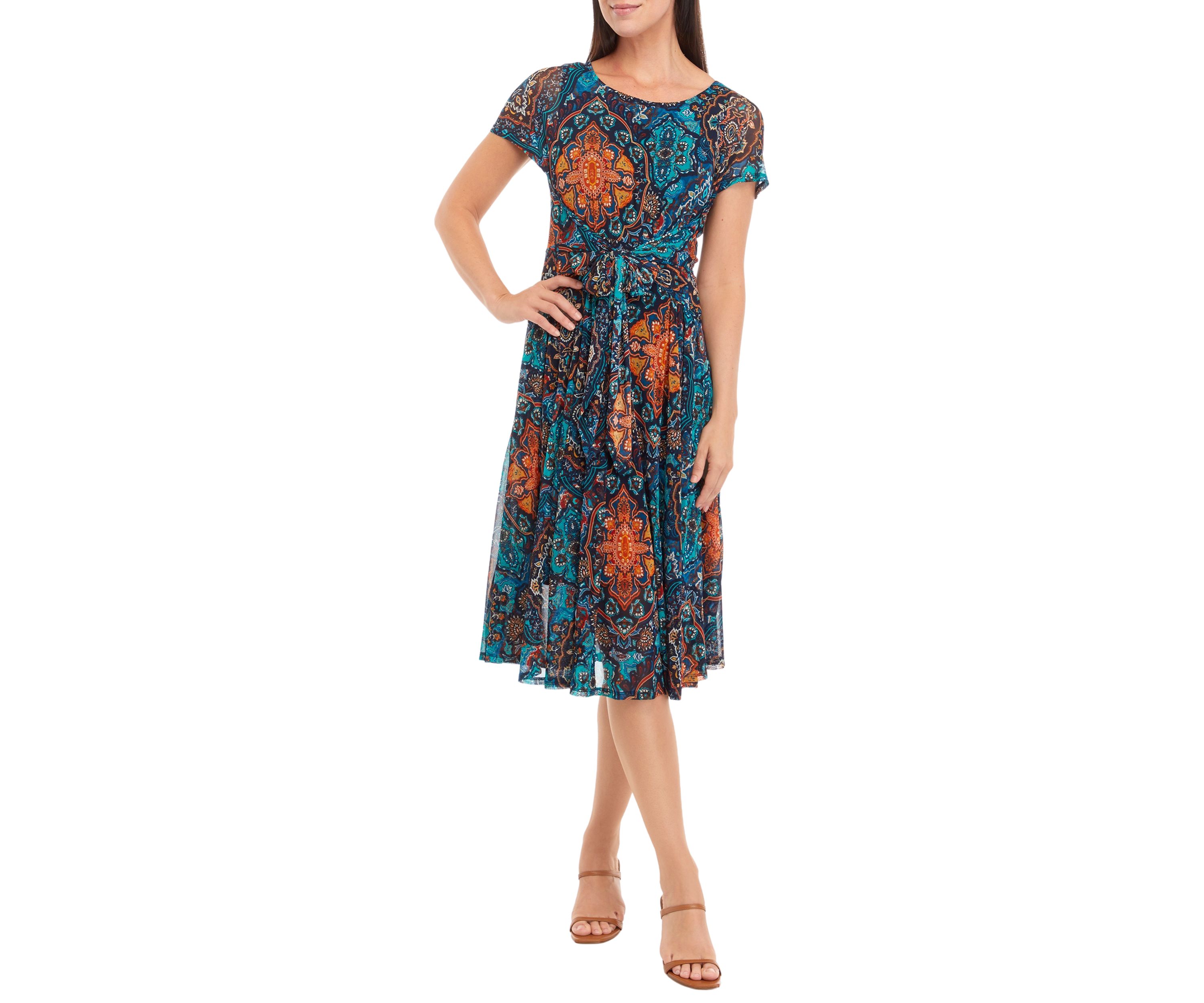 Short Sleeve Round Neck Abstract Print Tie Waist Fit and Flare Dress