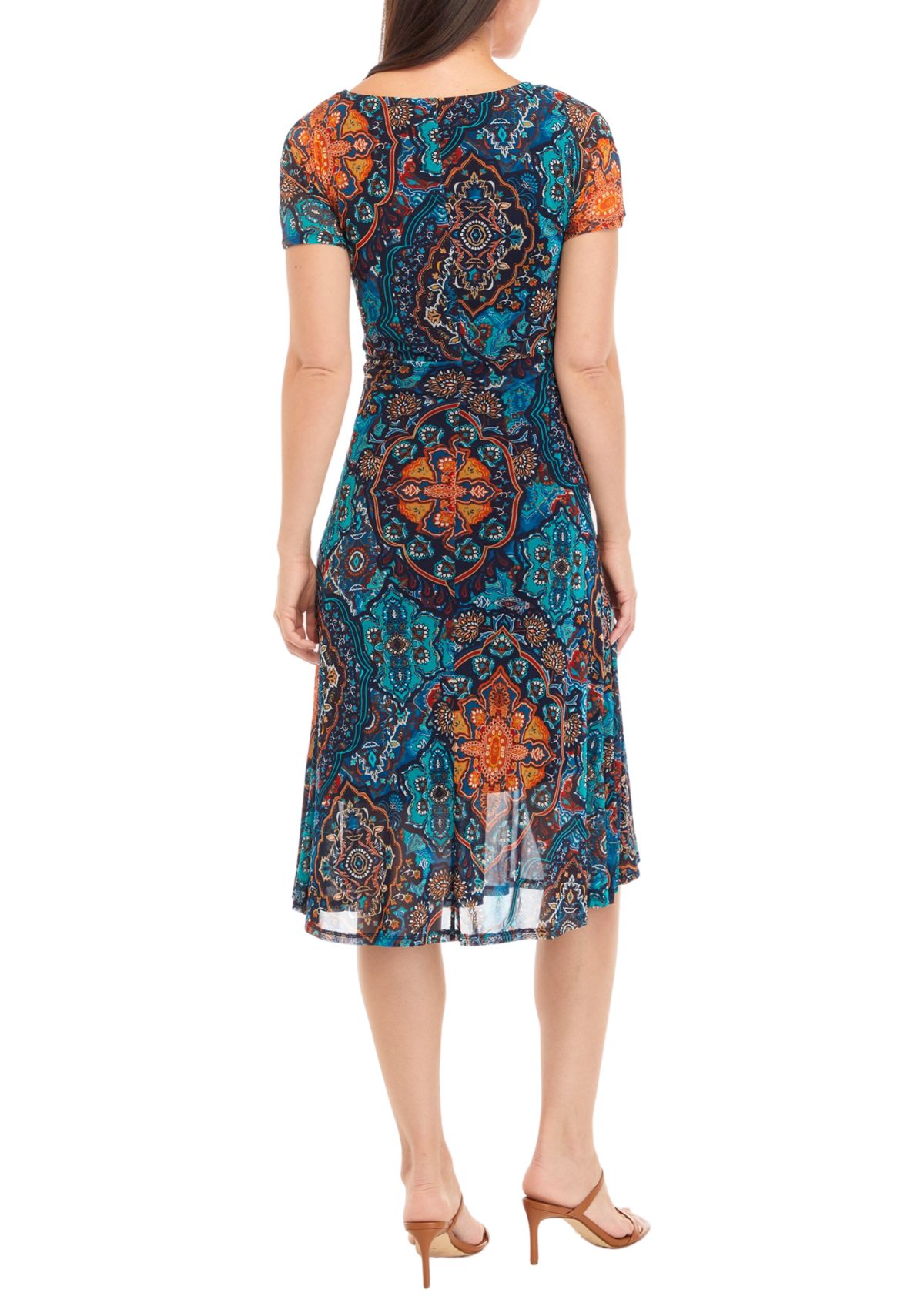 Short Sleeve Round Neck Abstract Print Tie Waist Fit and Flare Dress