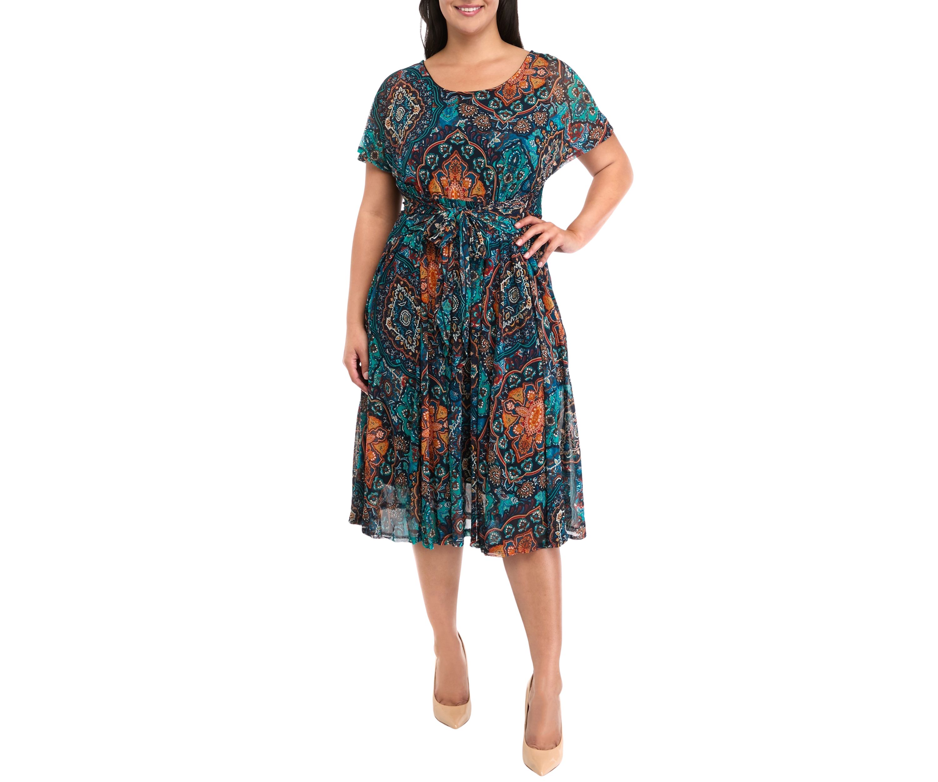 Plus Size Printed Tie Waist Fit and Flare Dress