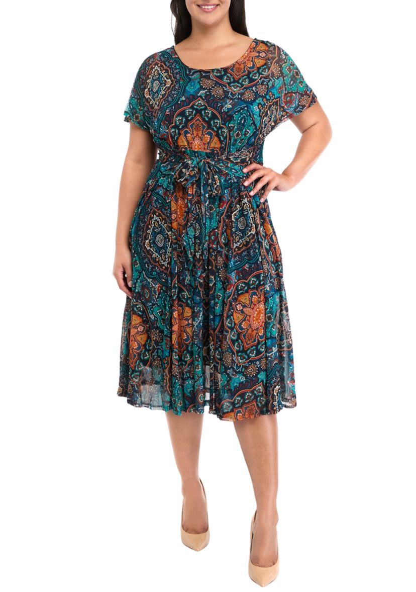 Plus Size Printed Tie Waist Fit and Flare Dress