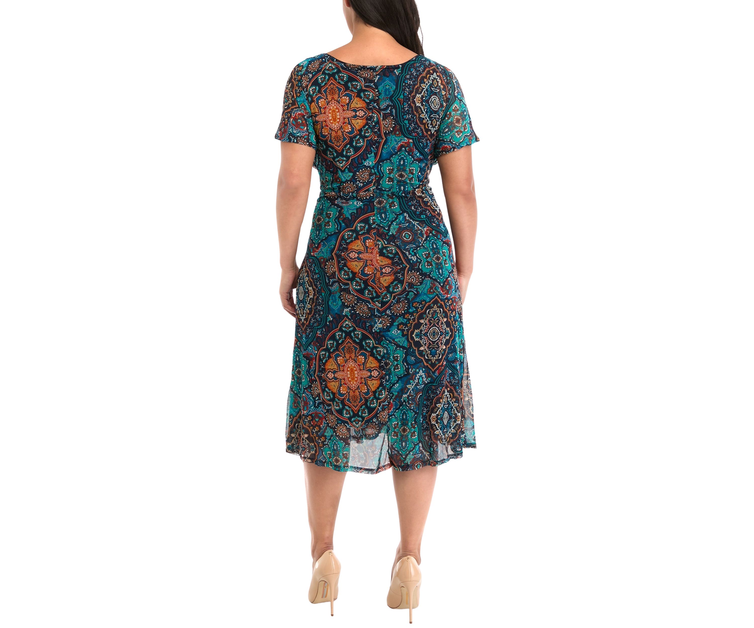 Plus Size Printed Tie Waist Fit and Flare Dress