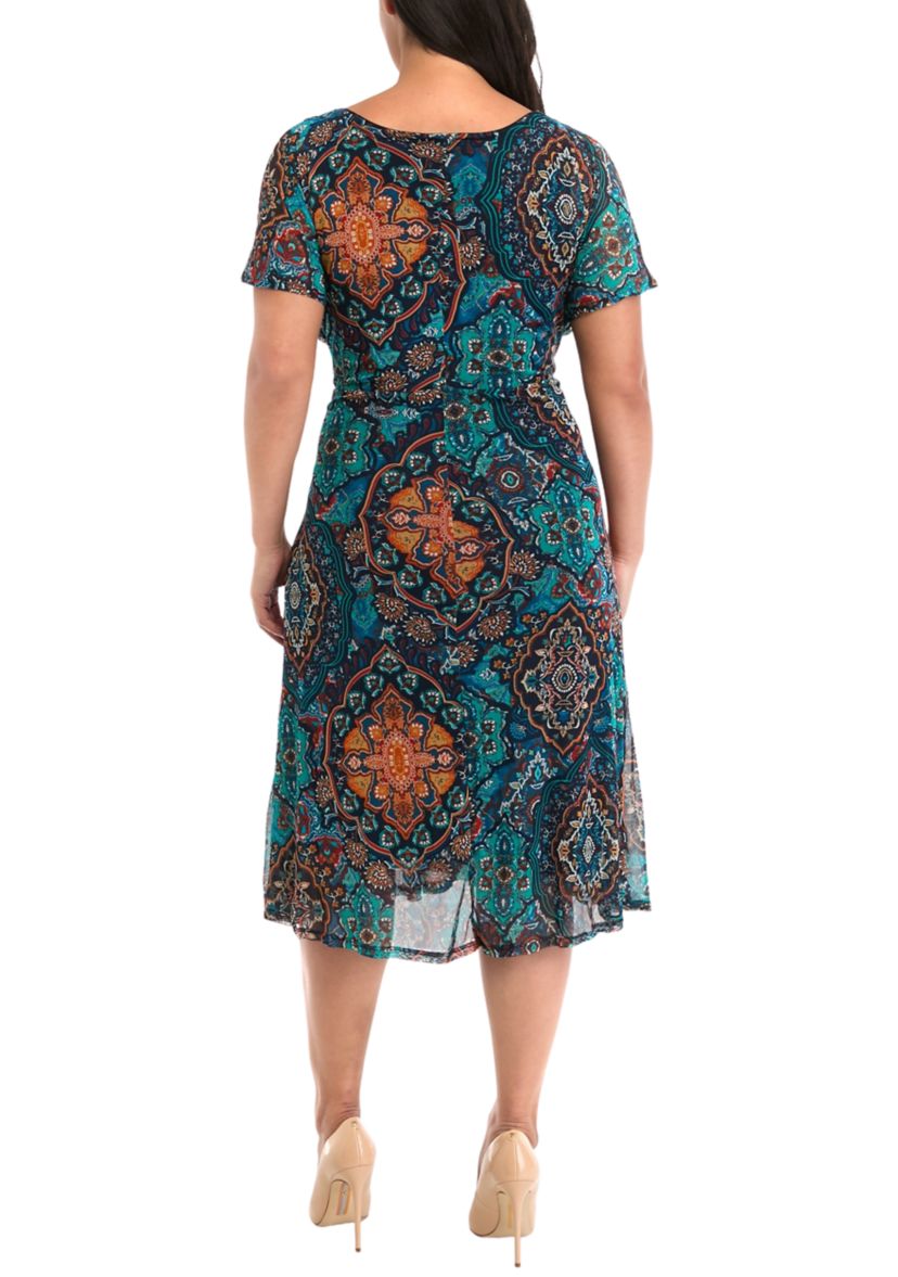 Plus Size Printed Tie Waist Fit and Flare Dress