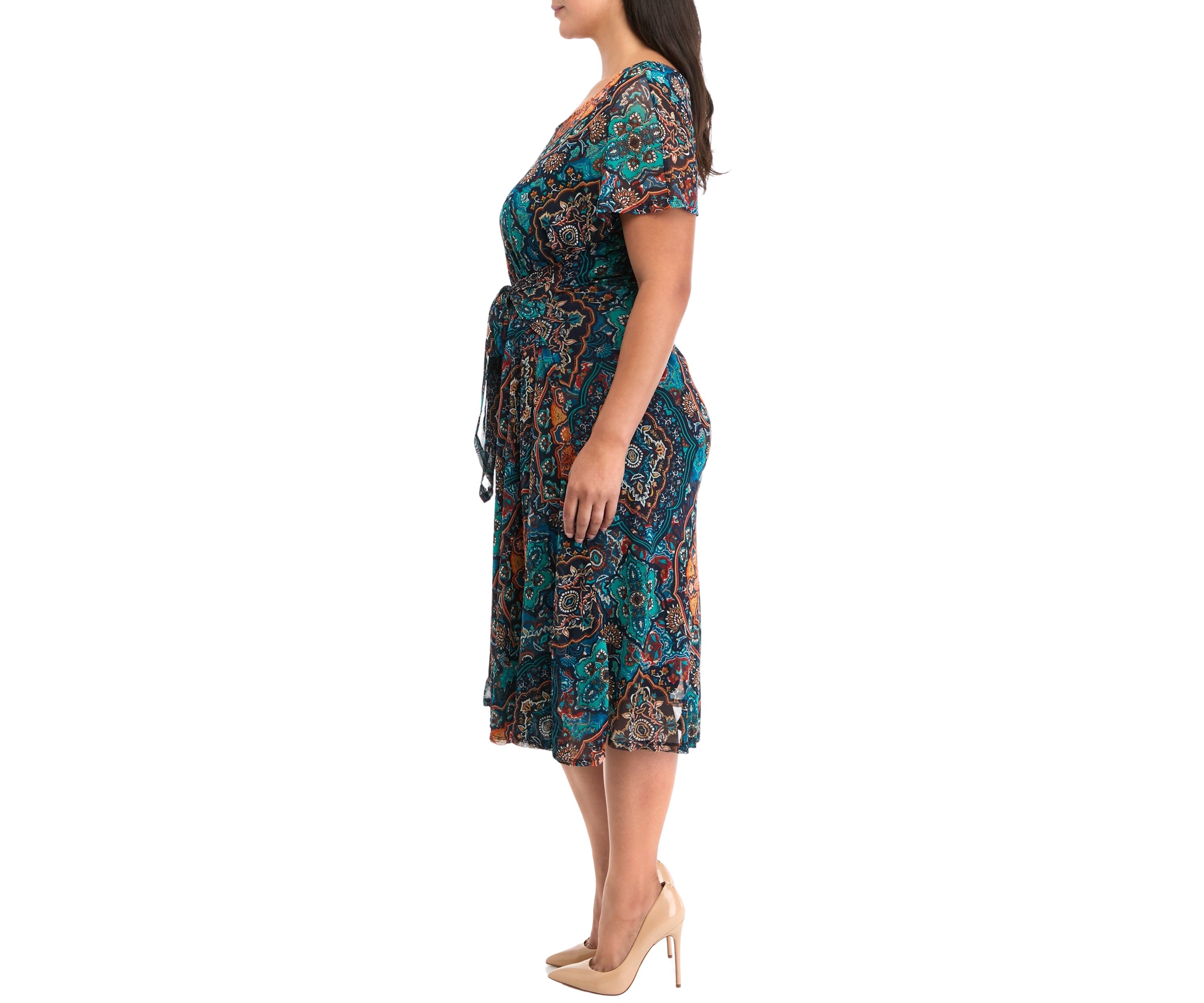 Plus Size Printed Tie Waist Fit and Flare Dress
