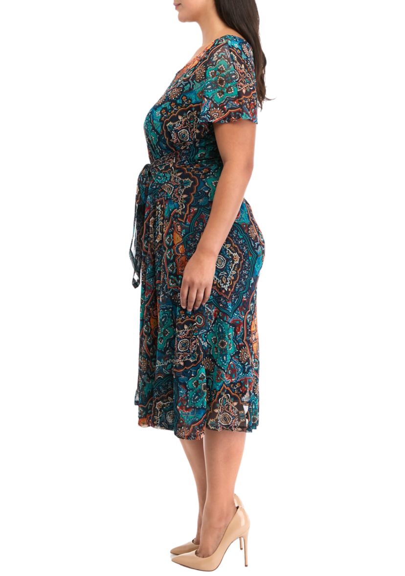 Plus Size Printed Tie Waist Fit and Flare Dress