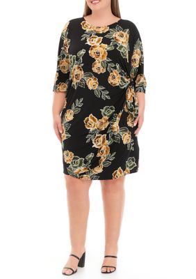 Robbie Bee Women's Plus Size 3/4 Sleeve Side Tie Floral Print Chiffon Dress, 1X