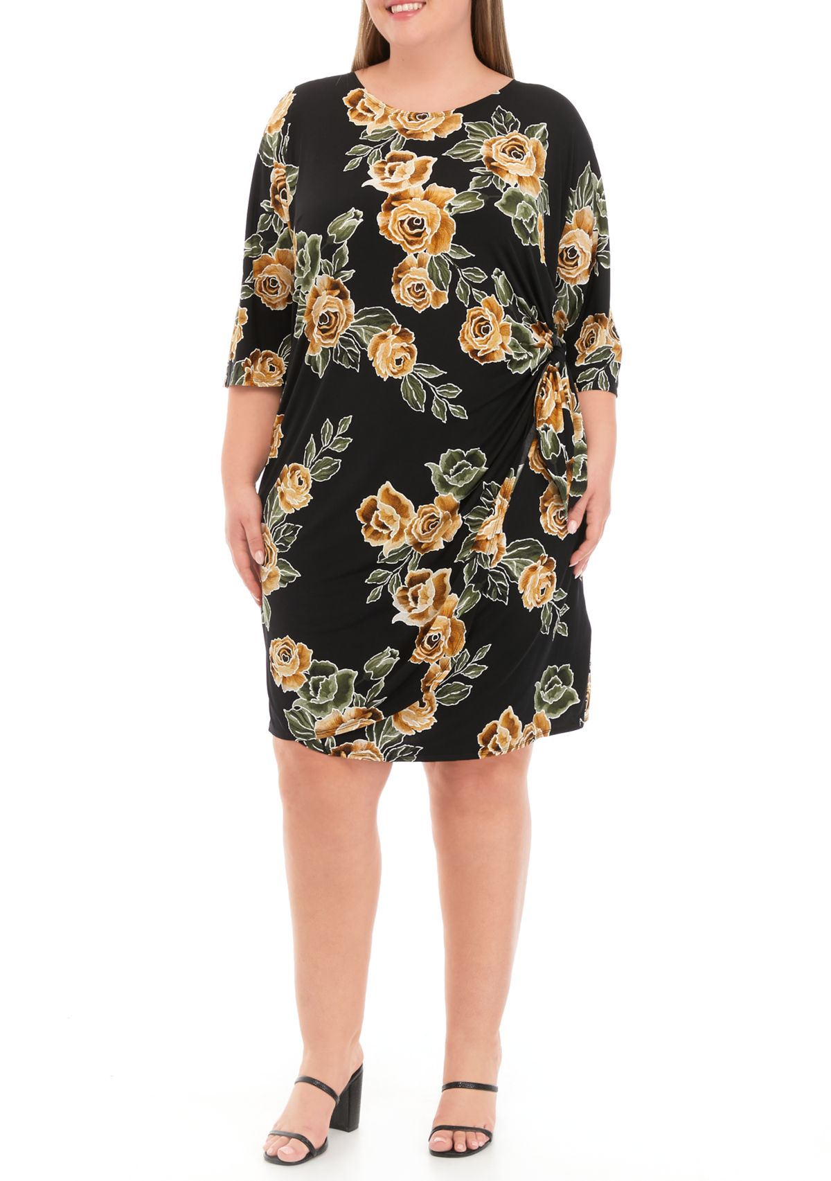 Plus Size 3/4 Sleeve Side Tie Floral Print Chiffon Dress