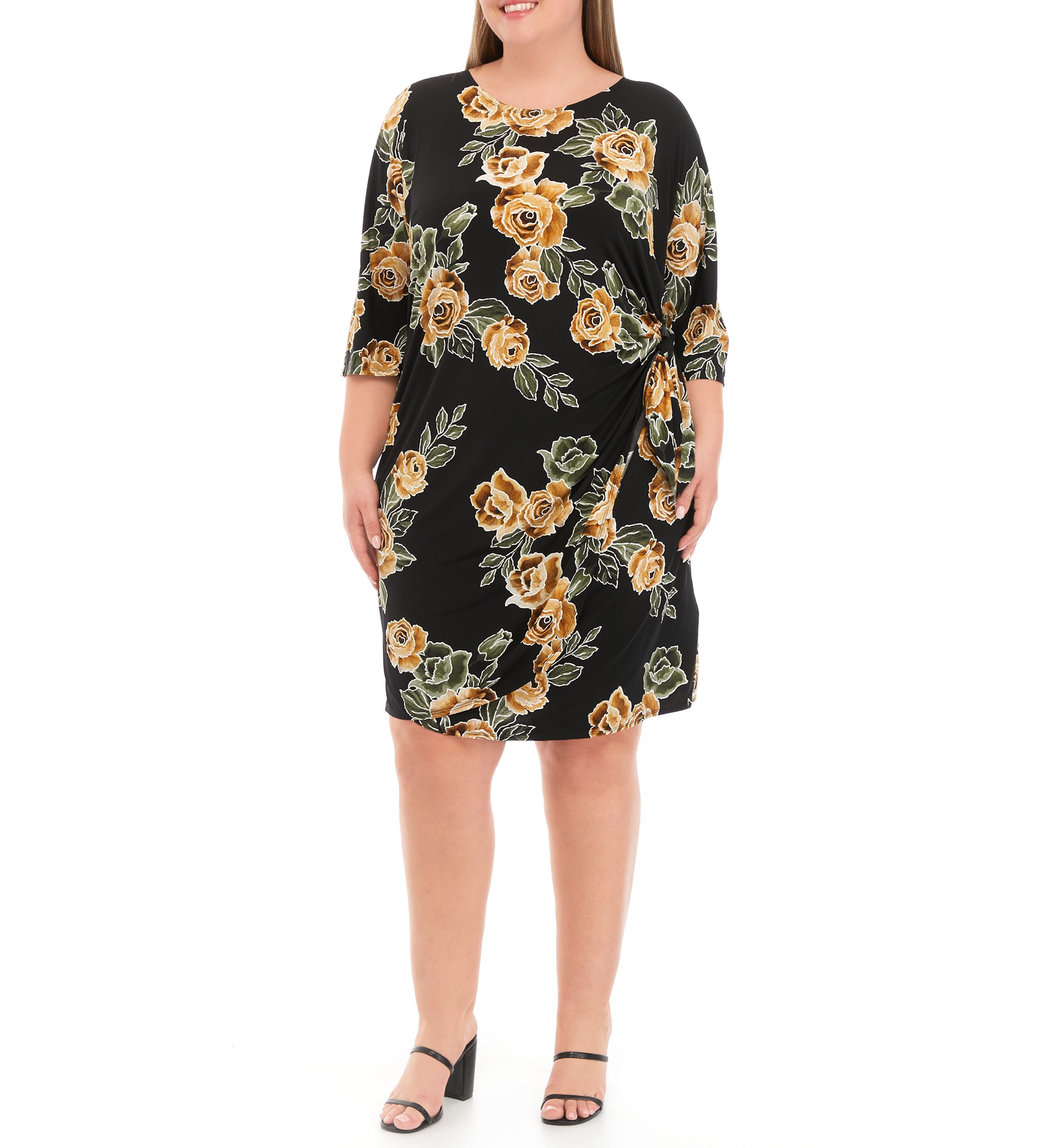 Plus Size 3/4 Sleeve Side Tie Floral Print Chiffon Dress