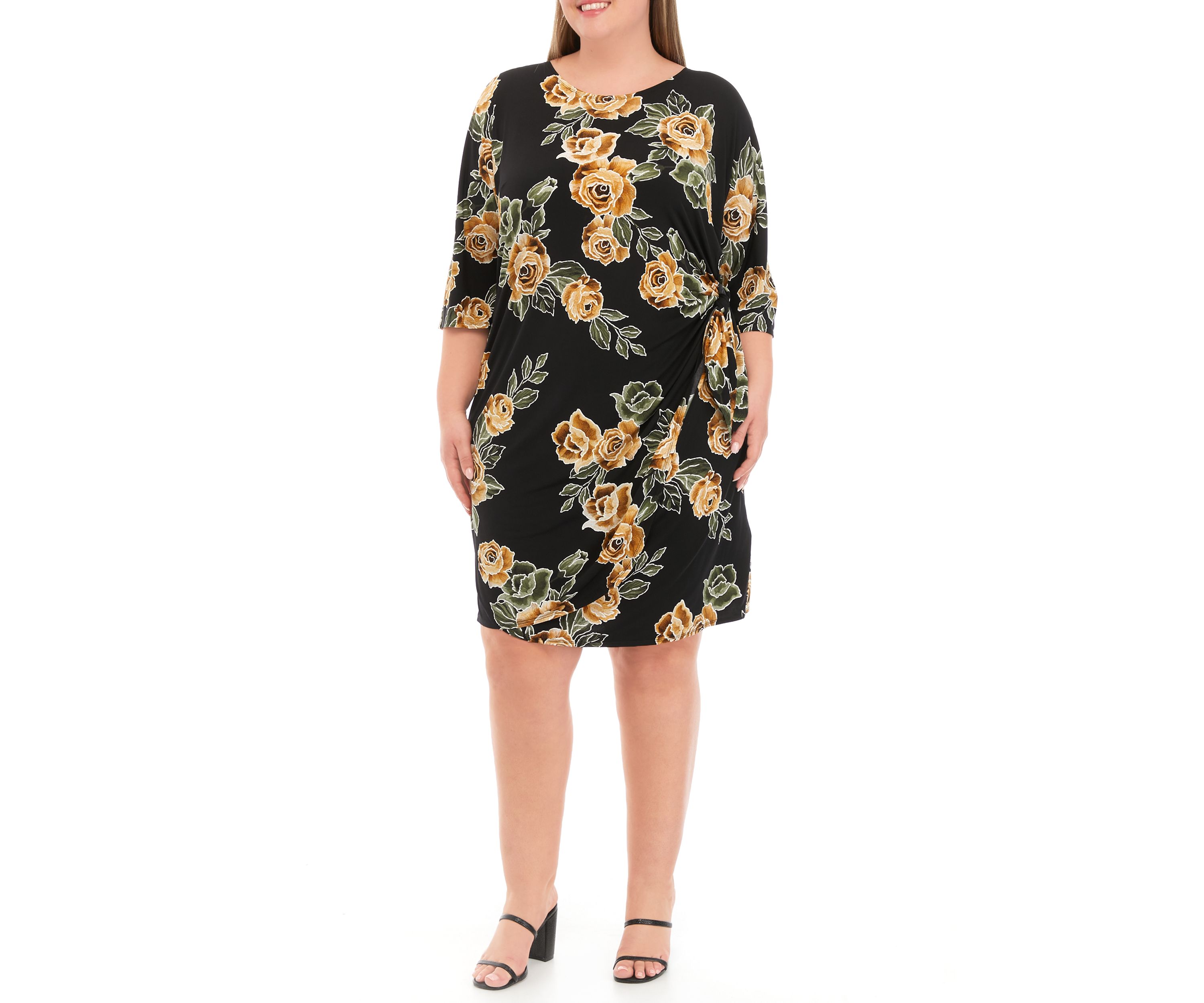 Plus Size 3/4 Sleeve Side Tie Floral Print Chiffon Dress