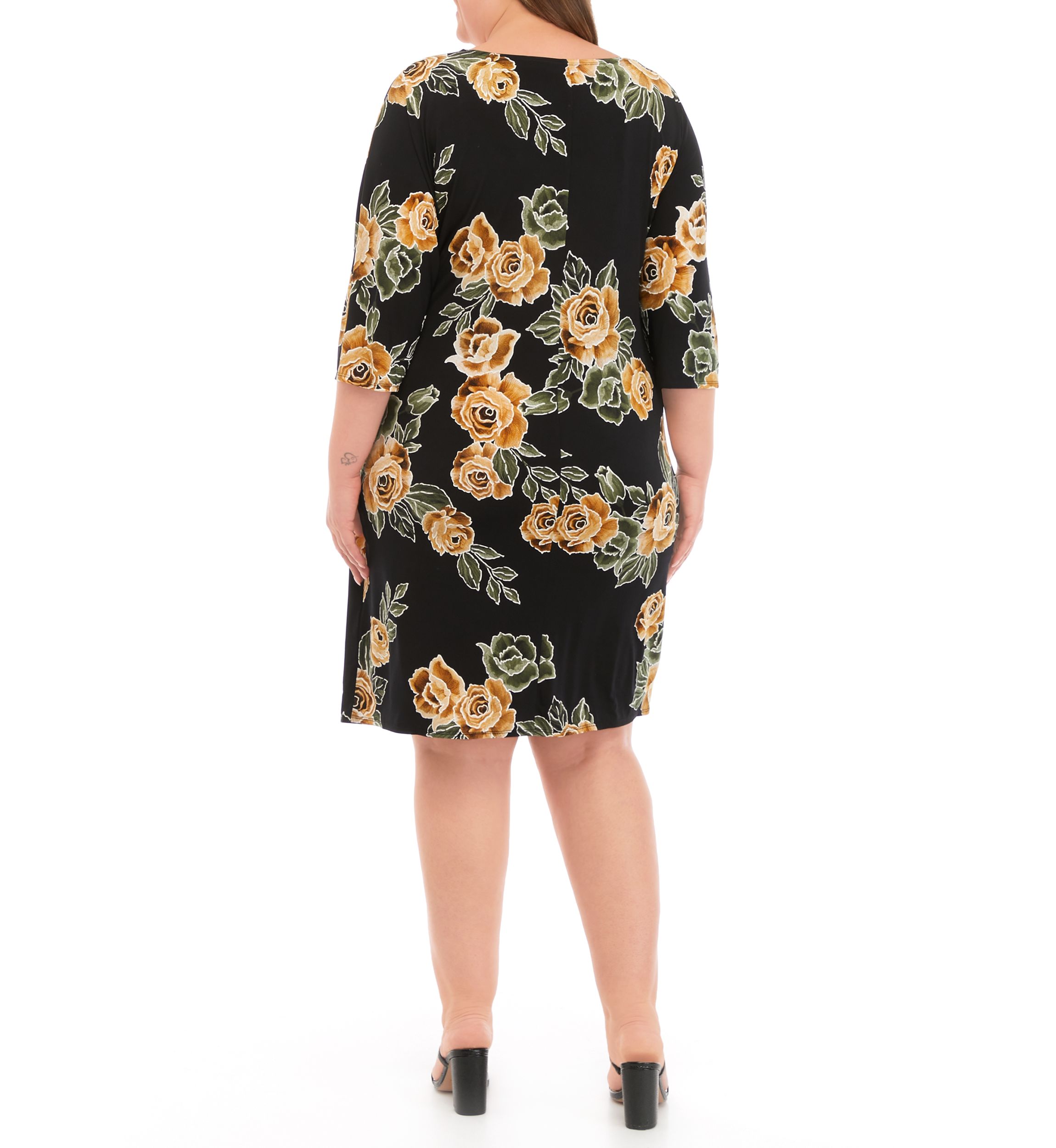 Plus Size 3/4 Sleeve Side Tie Floral Print Chiffon Dress