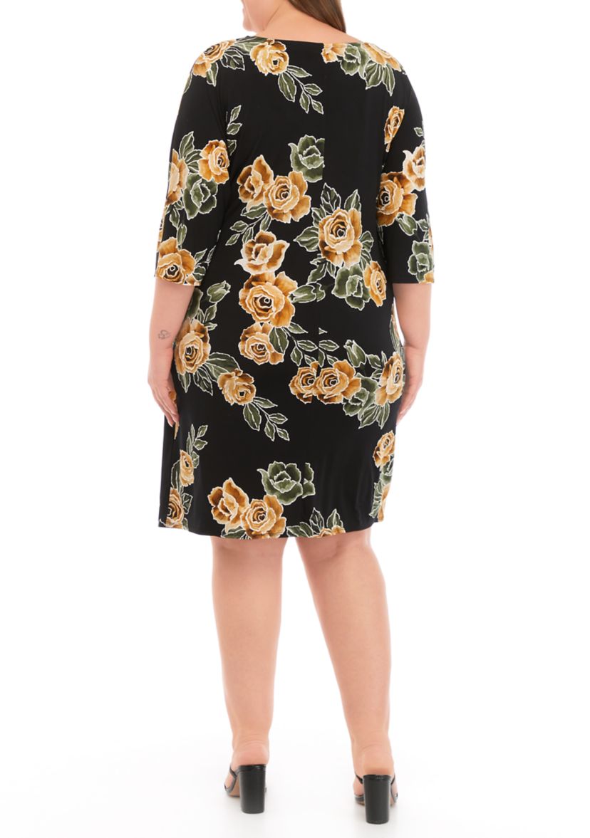 Plus Size 3/4 Sleeve Side Tie Floral Print Chiffon Dress