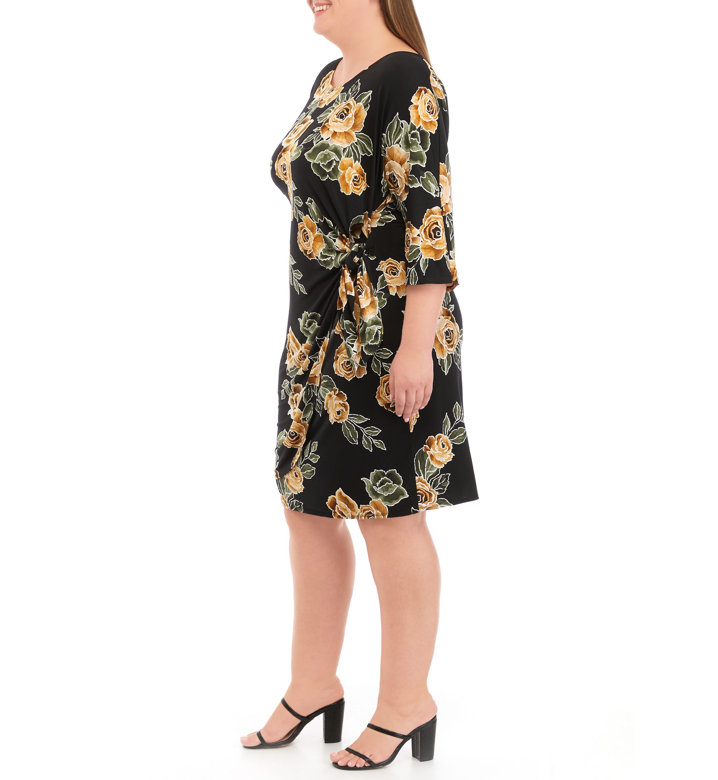 Plus Size 3/4 Sleeve Side Tie Floral Print Chiffon Dress
