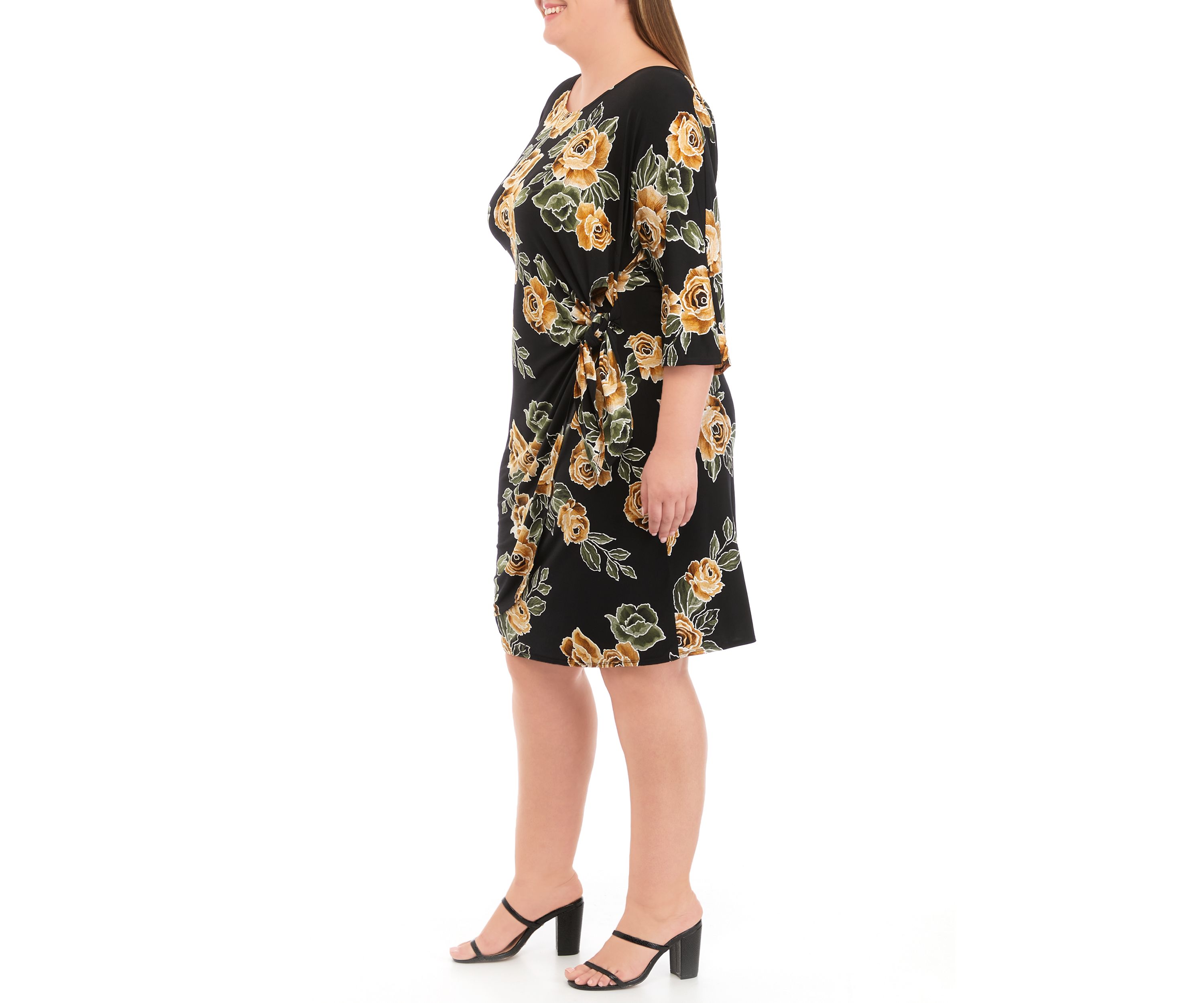 Plus Size 3/4 Sleeve Side Tie Floral Print Chiffon Dress