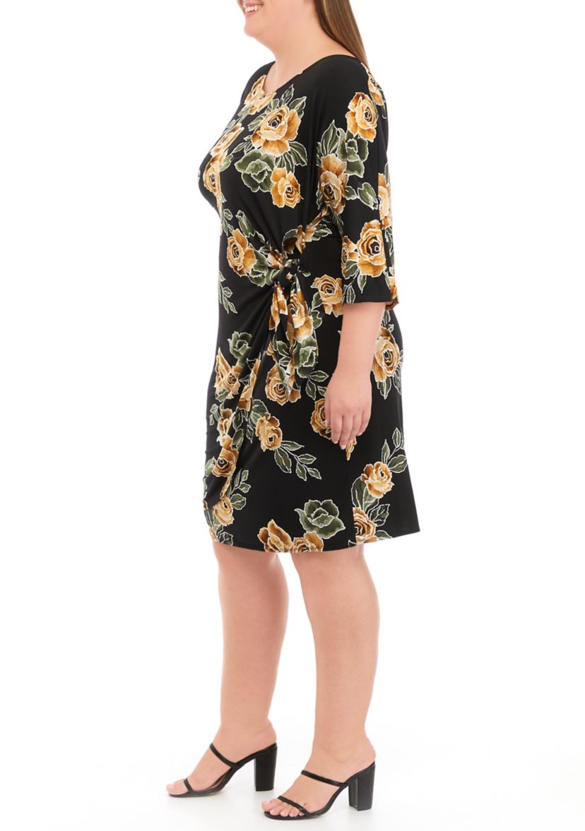 Plus Size 3/4 Sleeve Side Tie Floral Print Chiffon Dress