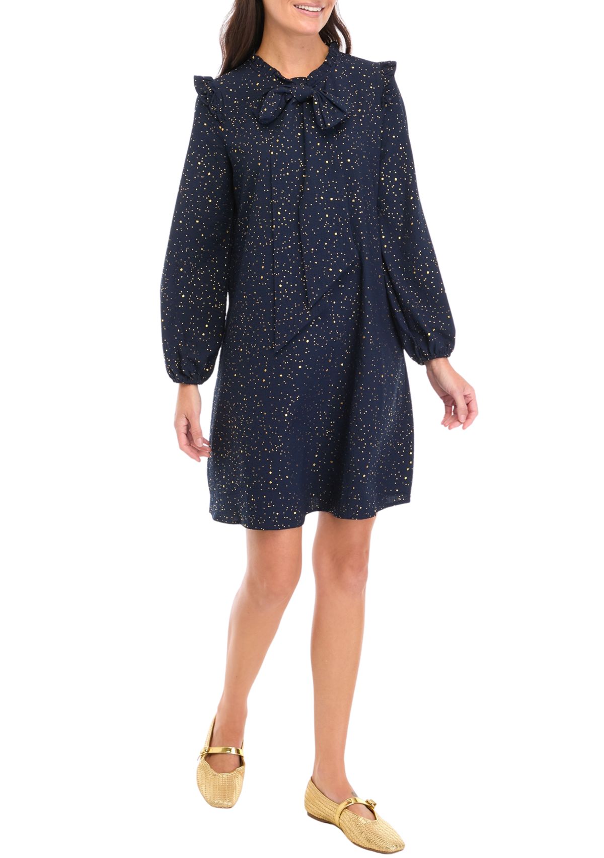Womens Long Sleeve Tie Neck Sequin A-Line Dress