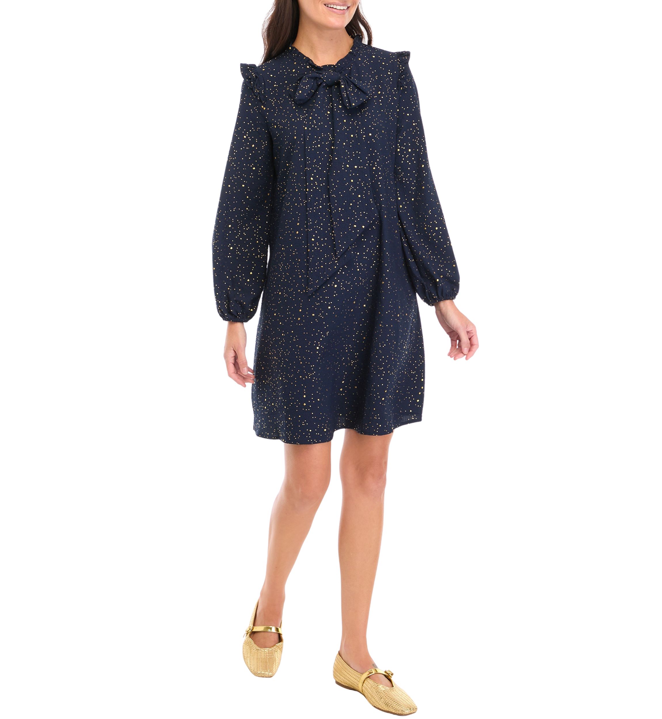 Womens Long Sleeve Tie Neck Sequin A-Line Dress