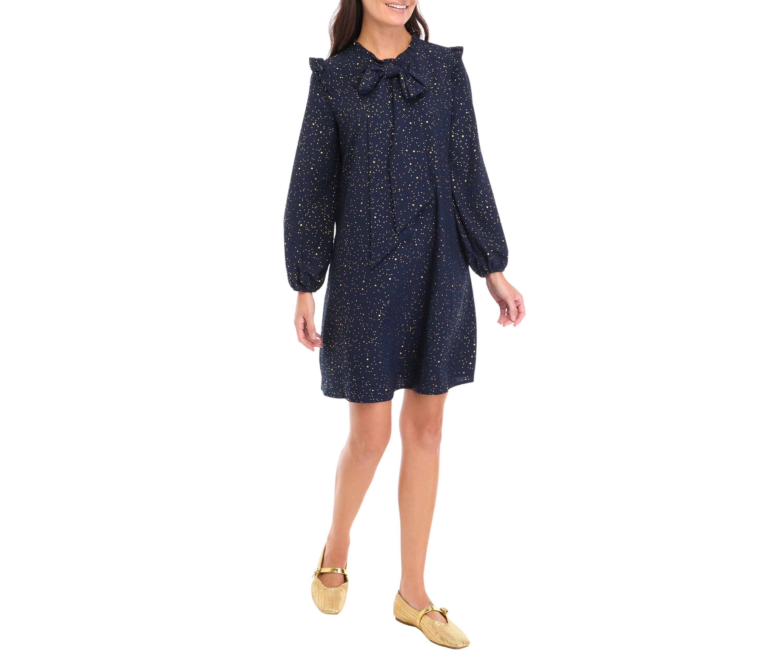 Womens Long Sleeve Tie Neck Sequin A-Line Dress