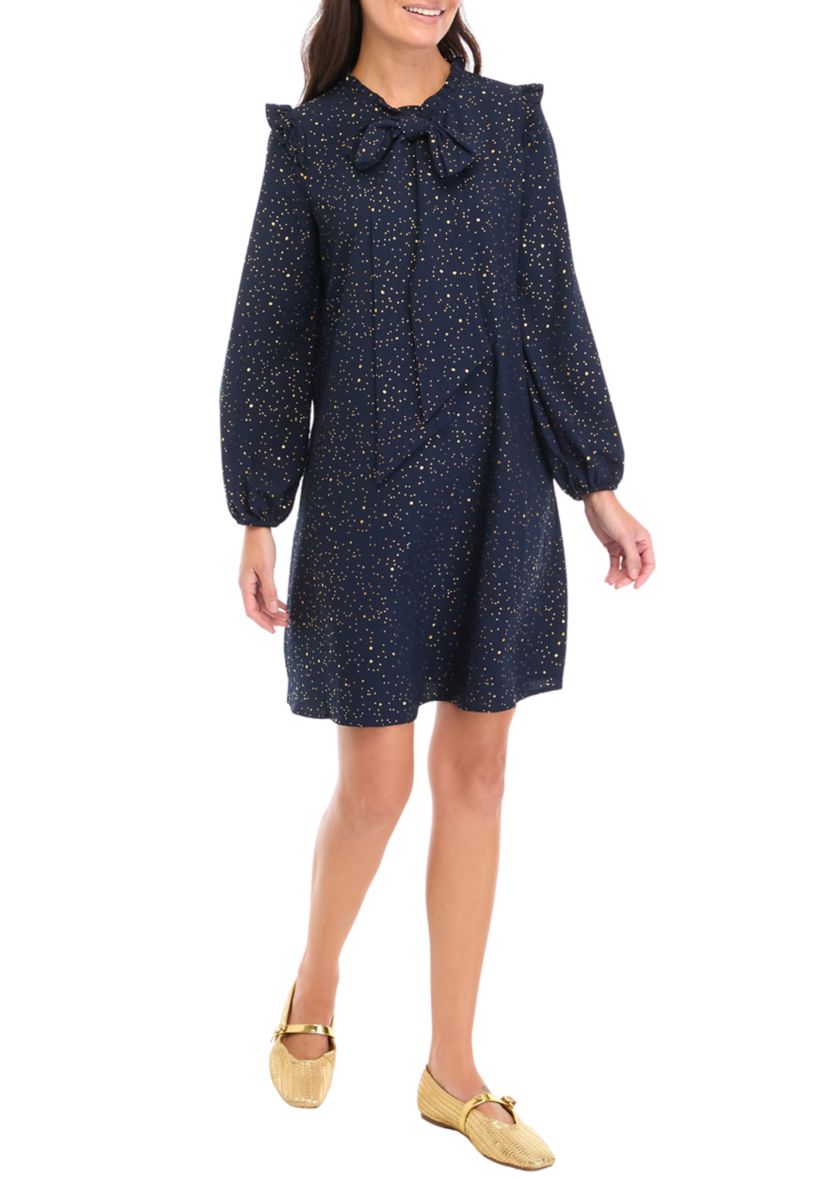 Womens Long Sleeve Tie Neck Sequin A-Line Dress