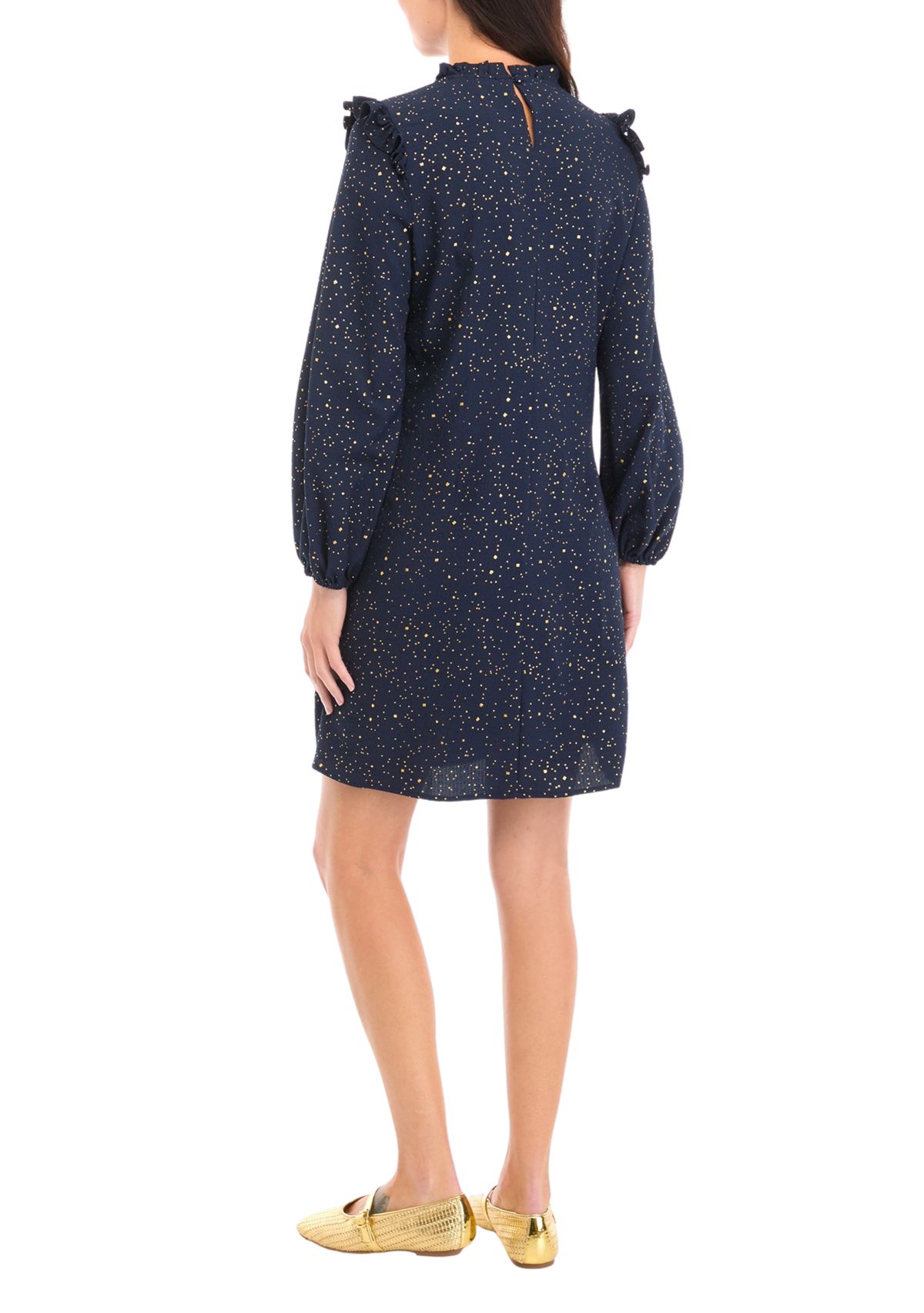 Womens Long Sleeve Tie Neck Sequin A-Line Dress