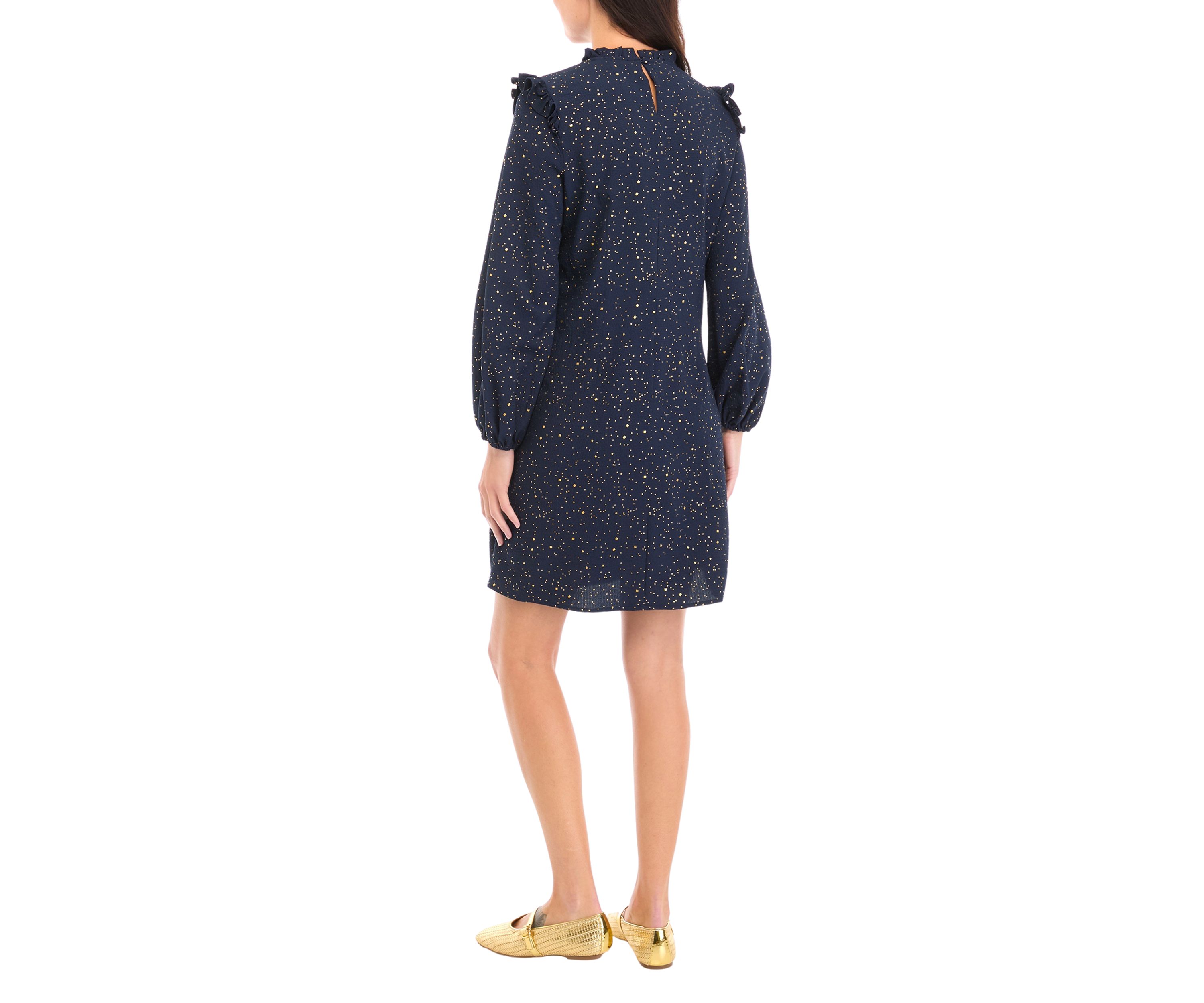 Womens Long Sleeve Tie Neck Sequin A-Line Dress