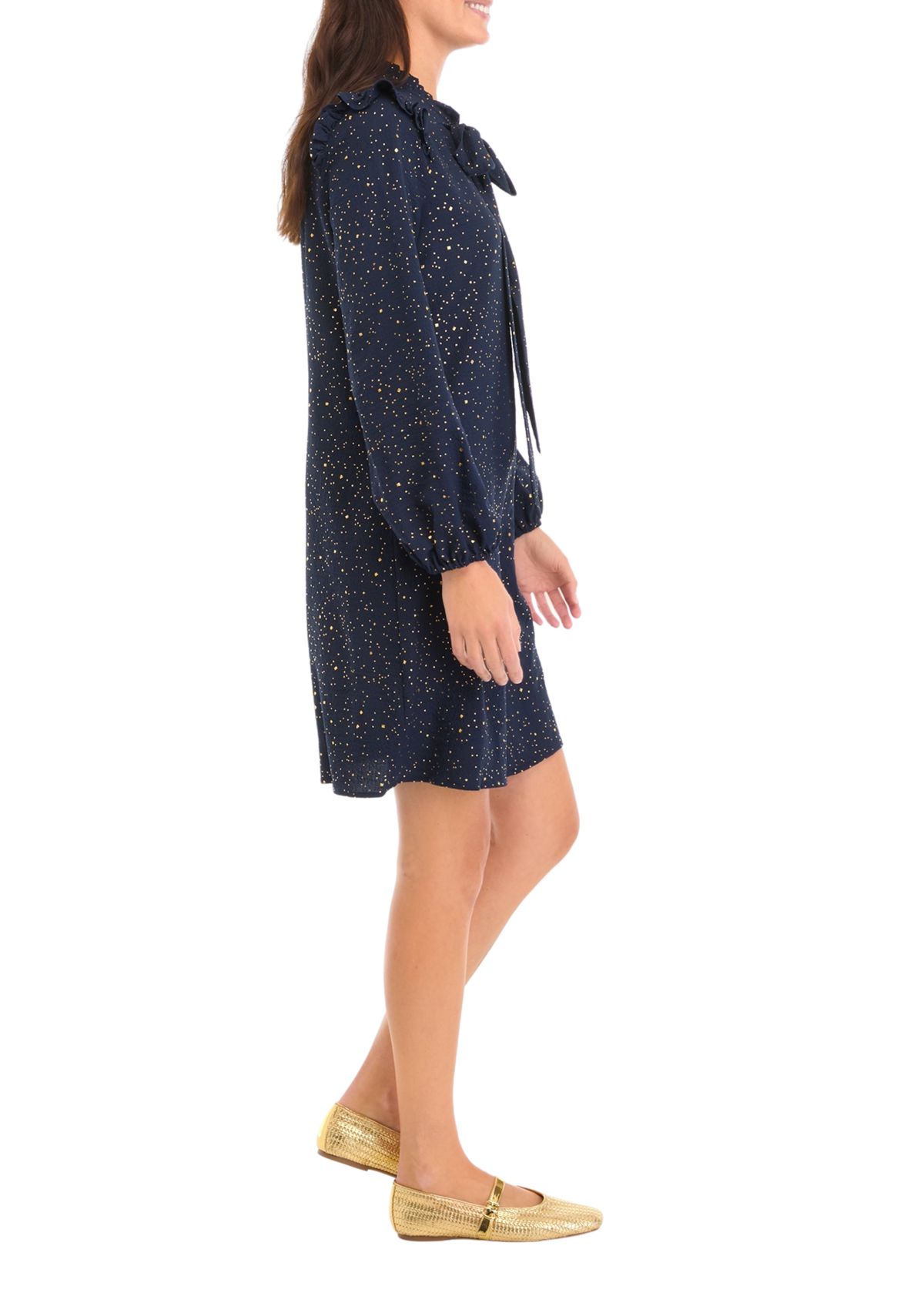 Womens Long Sleeve Tie Neck Sequin A-Line Dress