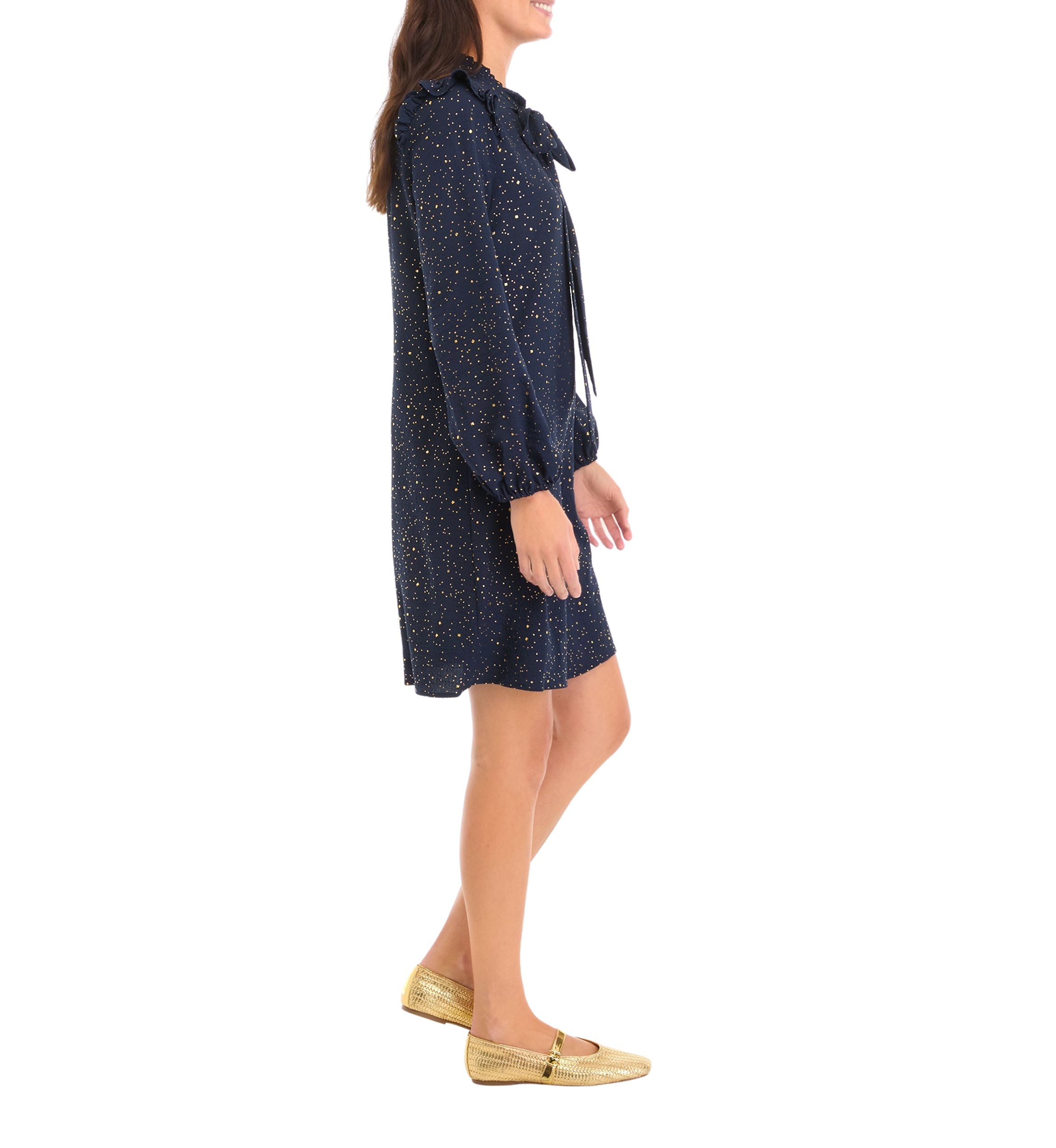Womens Long Sleeve Tie Neck Sequin A-Line Dress