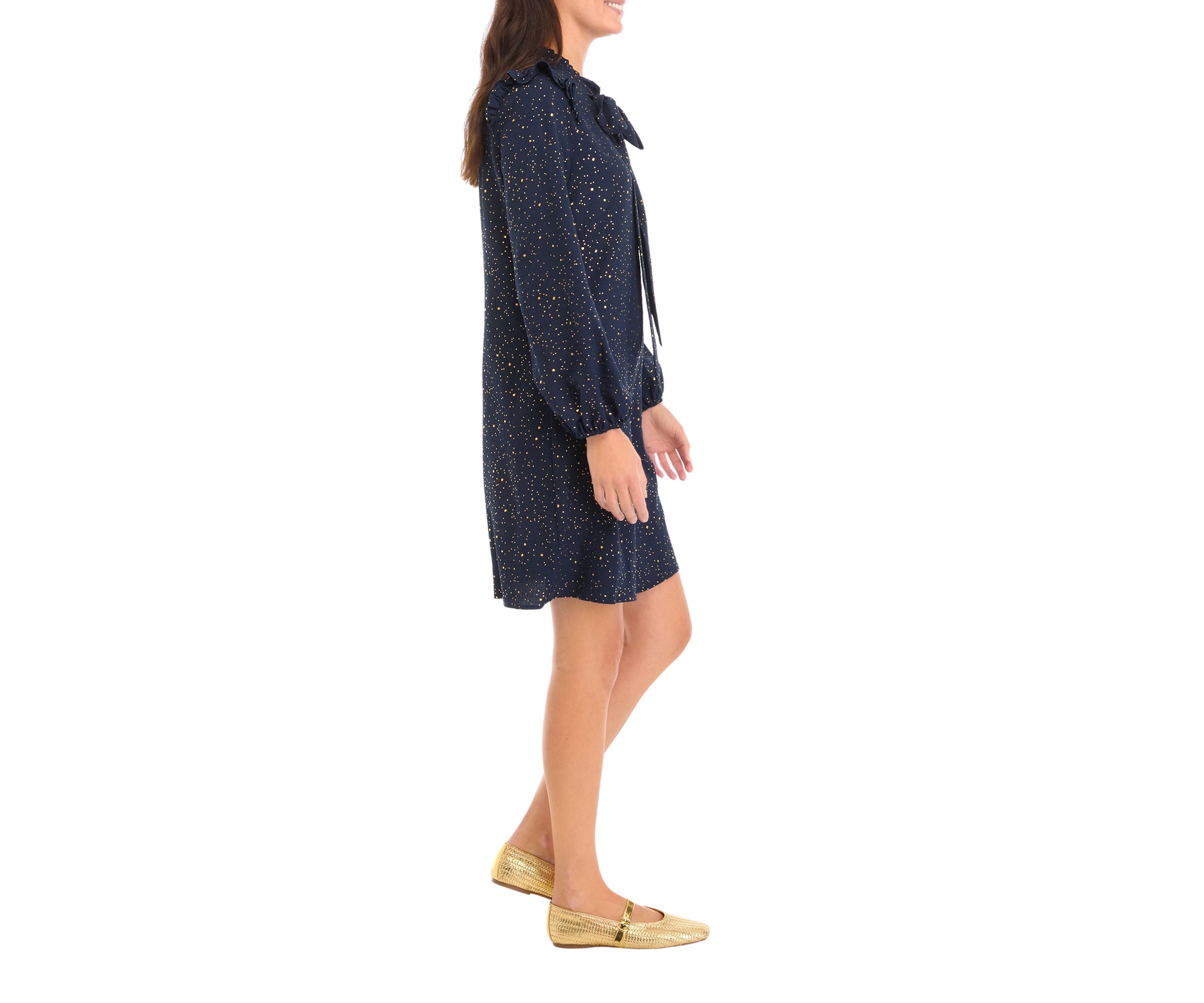 Womens Long Sleeve Tie Neck Sequin A-Line Dress