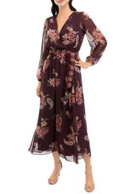 Robbie Bee Women's Tie Waist Floral Printed Chiffon Maxi Dress | belk