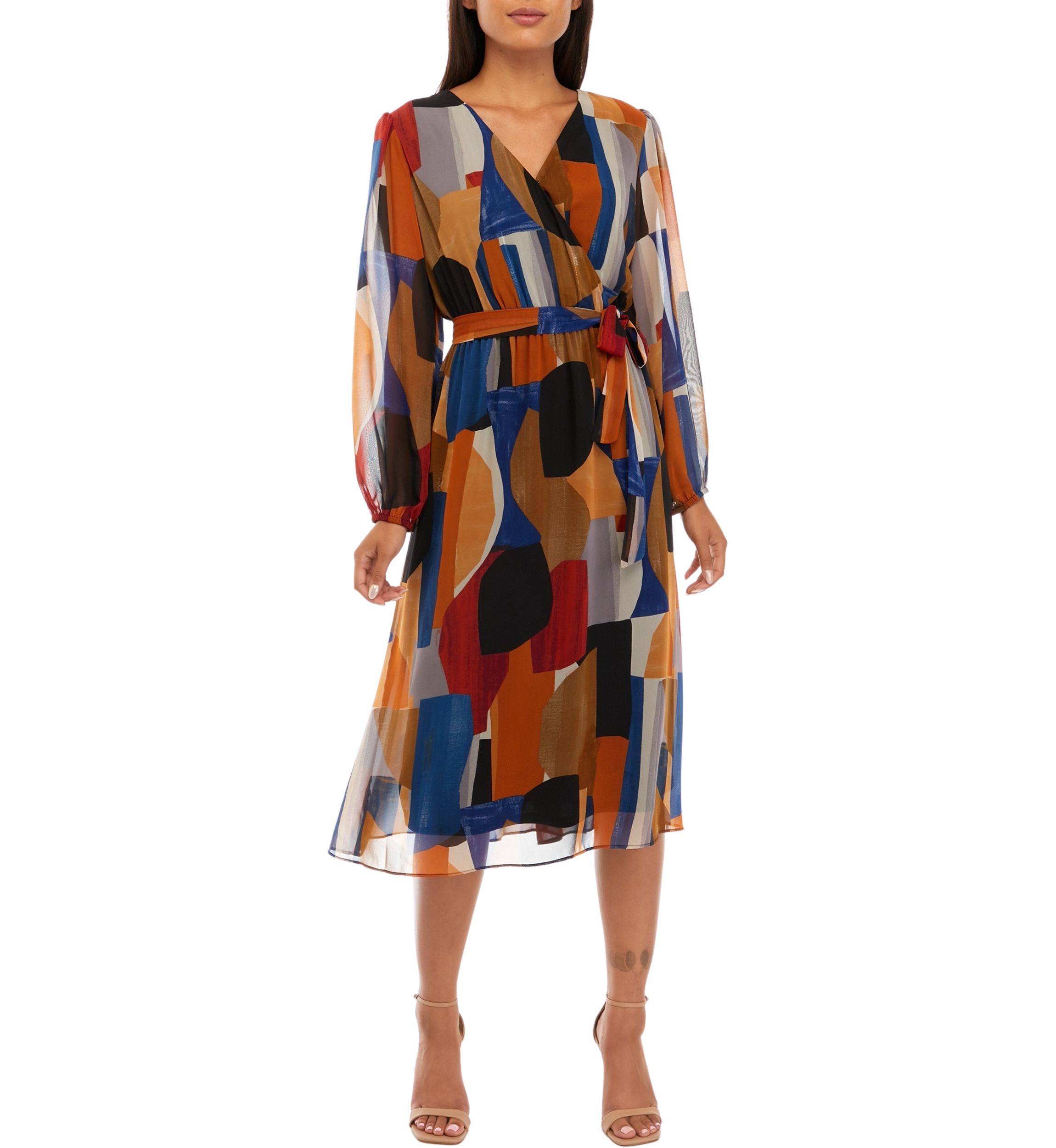 Womens Blouson Sleeve Printed V-Neck Dress