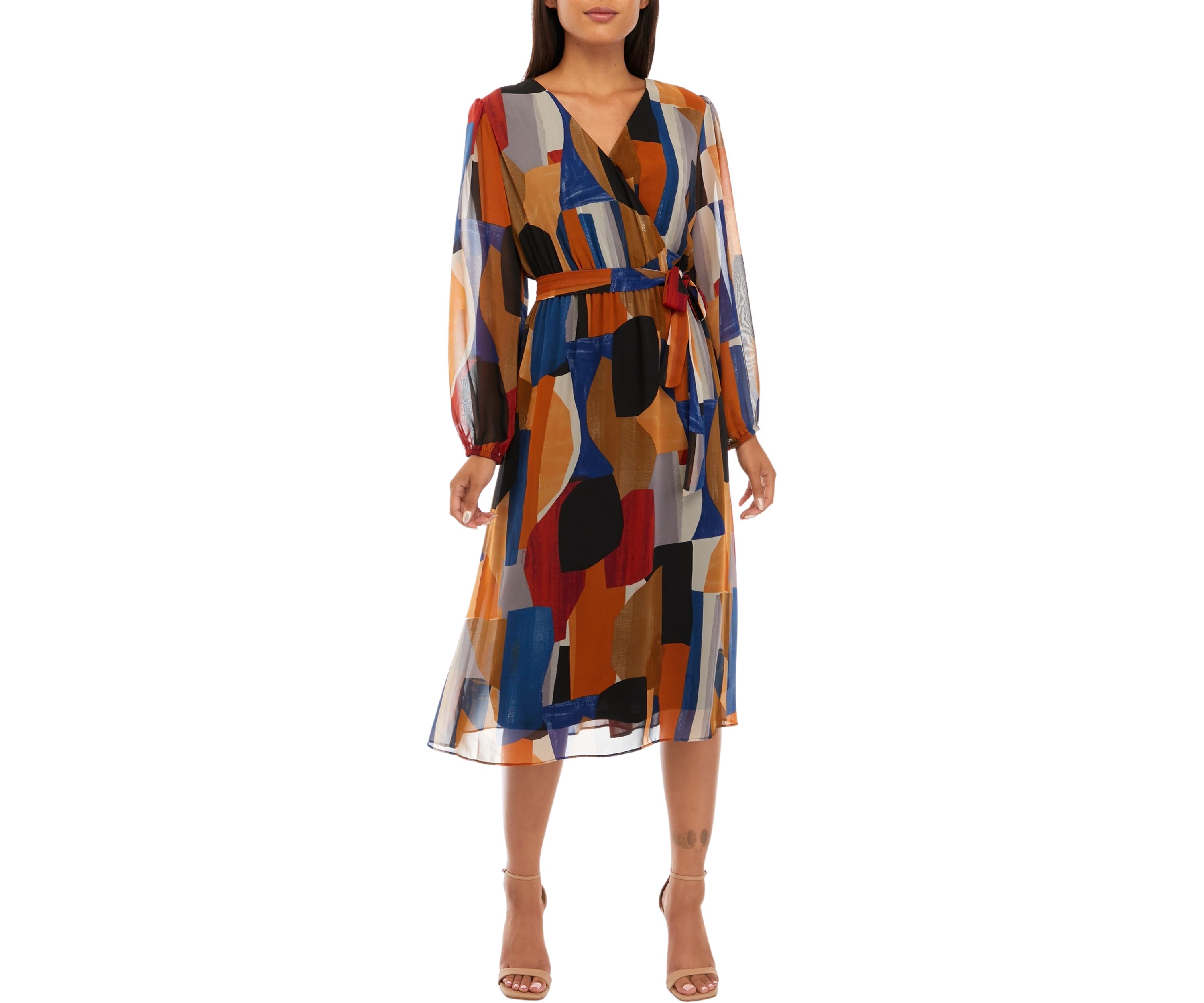 Womens Blouson Sleeve Printed V-Neck Dress