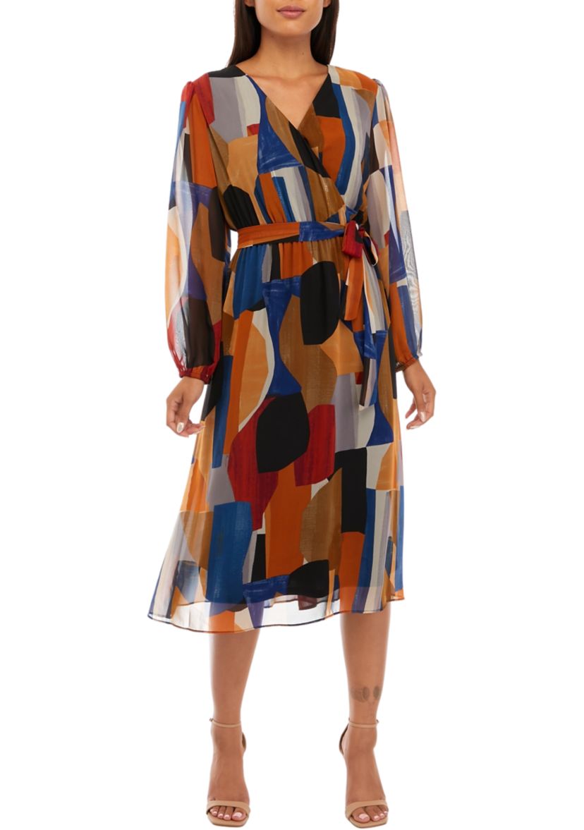 Womens Blouson Sleeve Printed V-Neck Dress