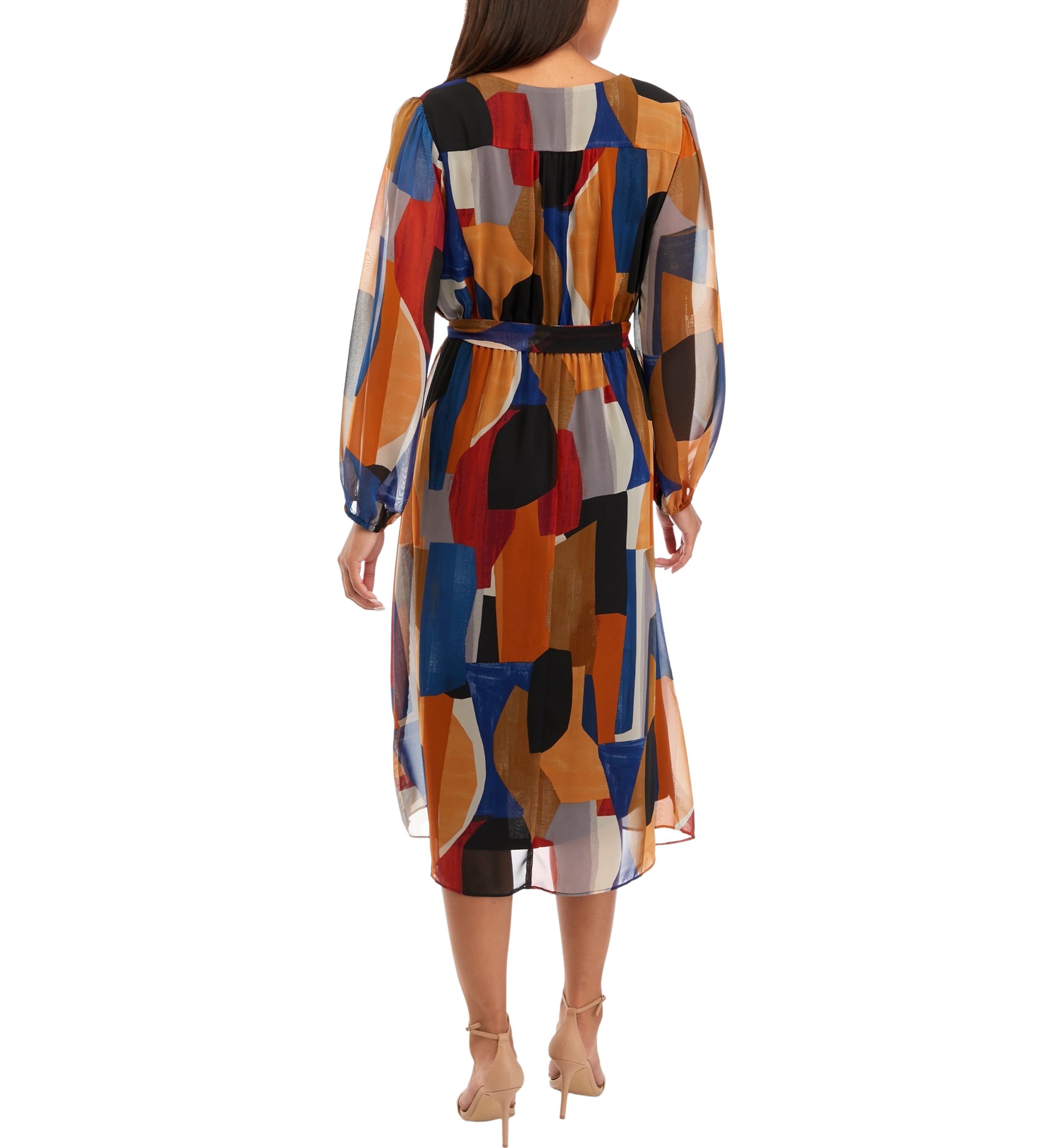 Womens Blouson Sleeve Printed V-Neck Dress