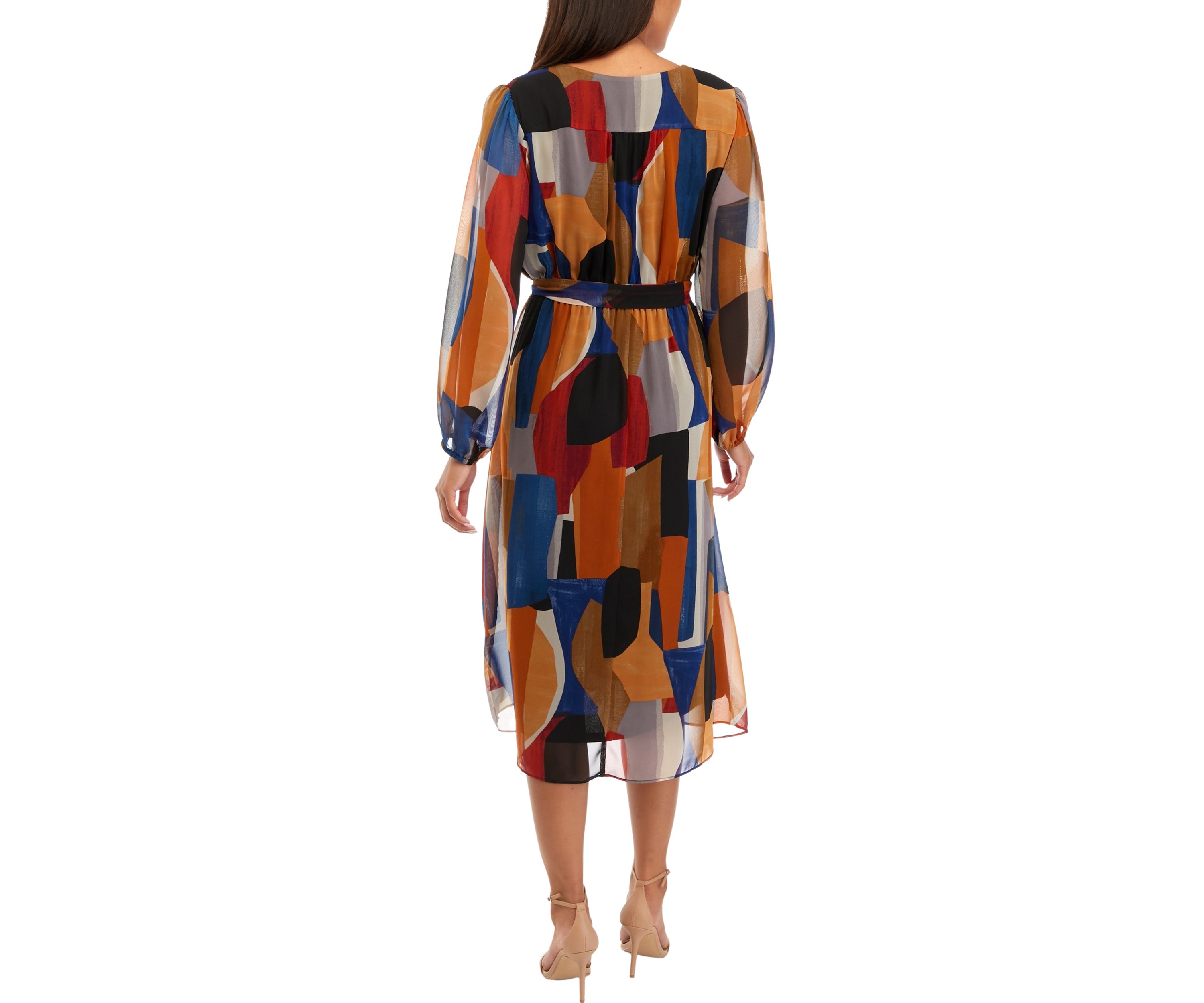 Womens Blouson Sleeve Printed V-Neck Dress