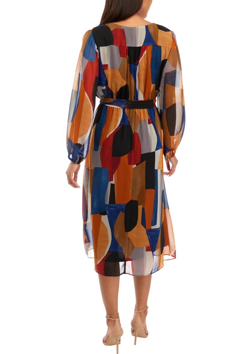 Womens Blouson Sleeve Printed V-Neck Dress