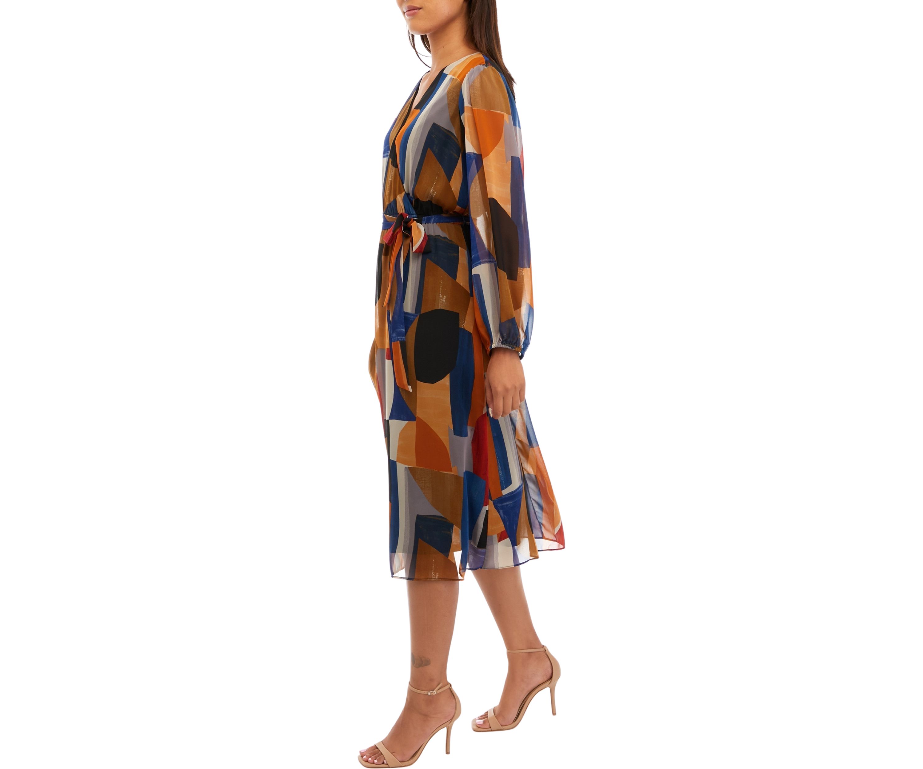 Womens Blouson Sleeve Printed V-Neck Dress