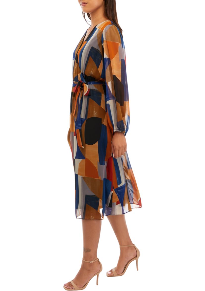 Womens Blouson Sleeve Printed V-Neck Dress