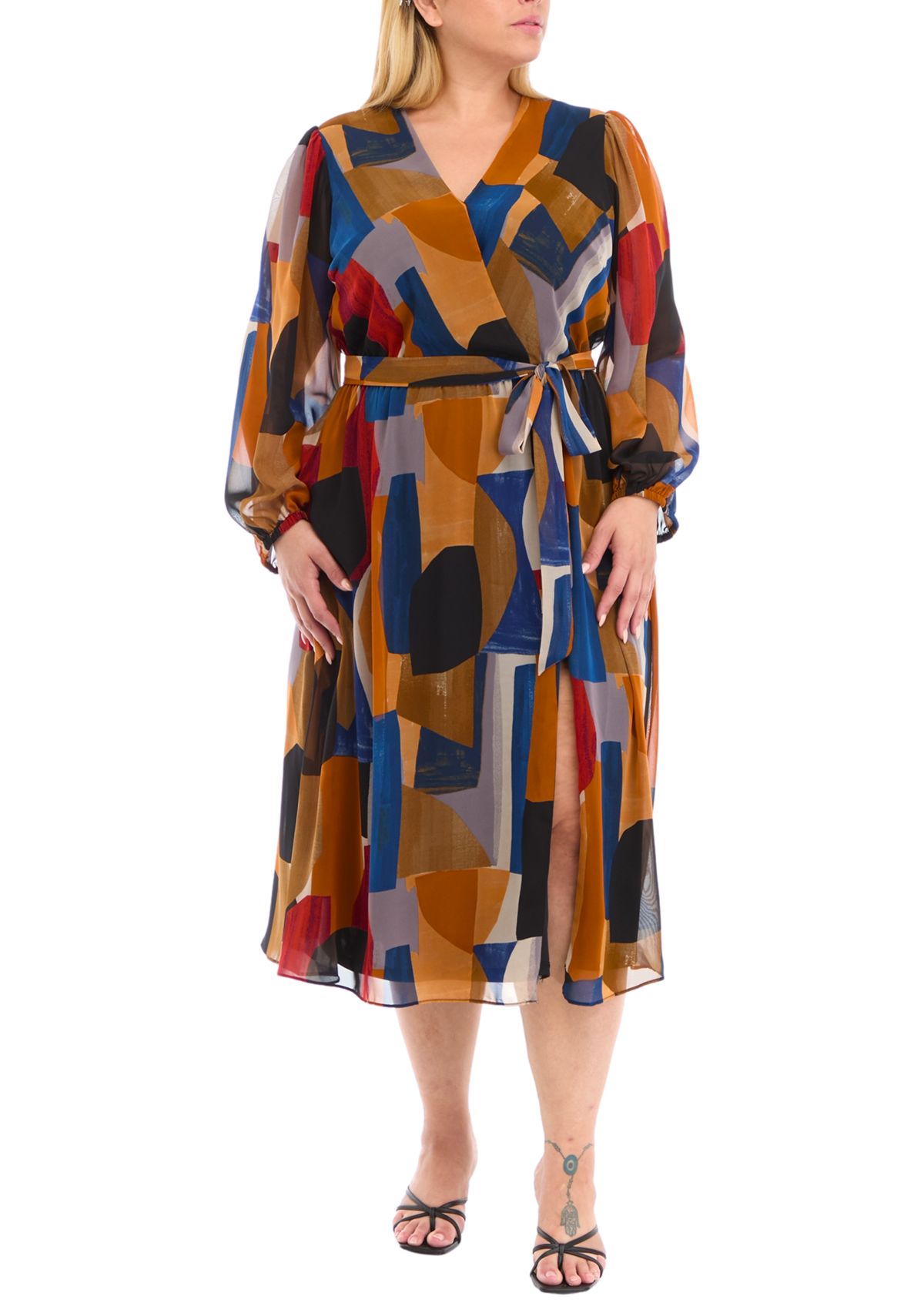 Womens Blouson Sleeve V-Neck Printed Dress