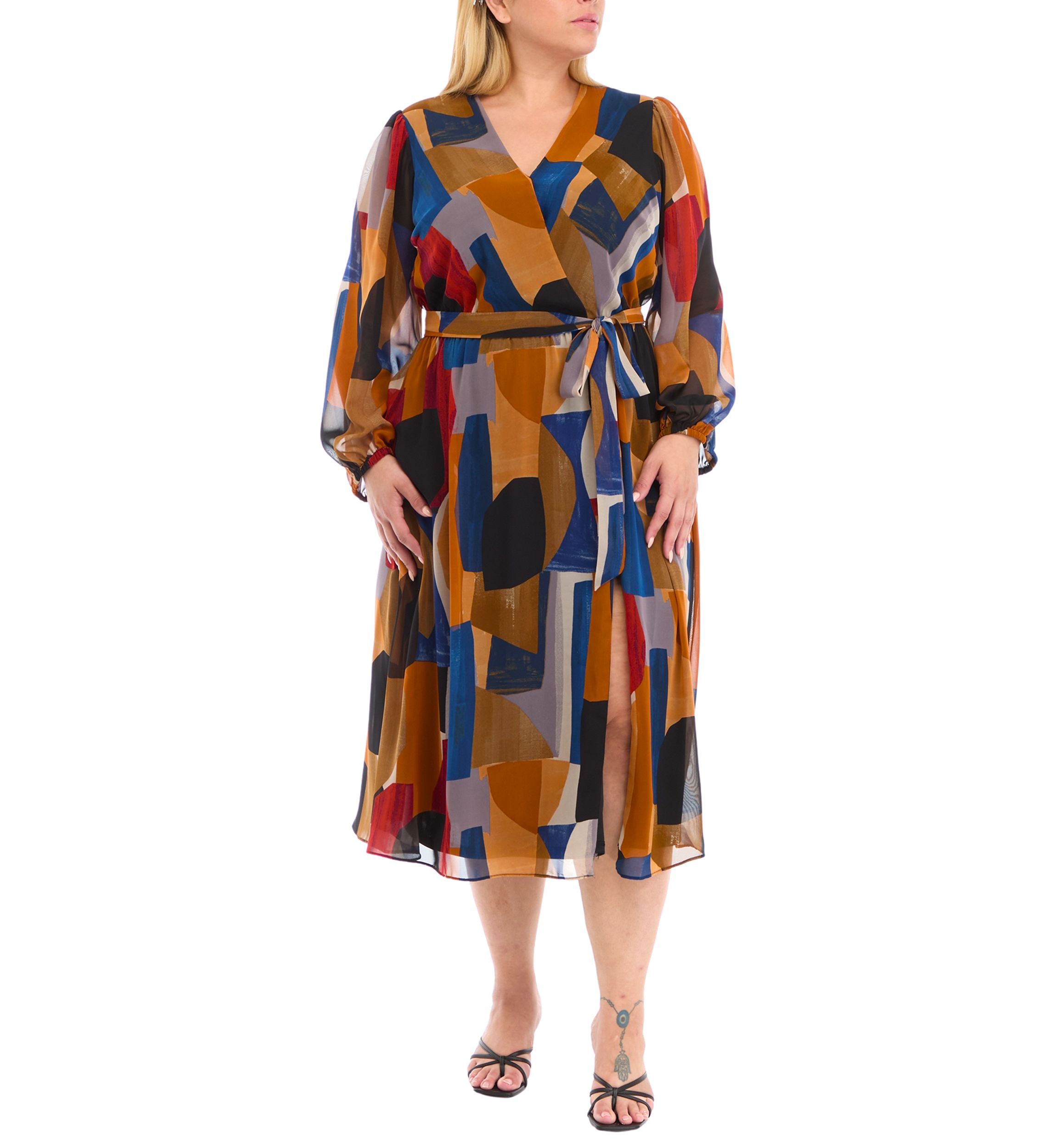Womens Blouson Sleeve V-Neck Printed Dress