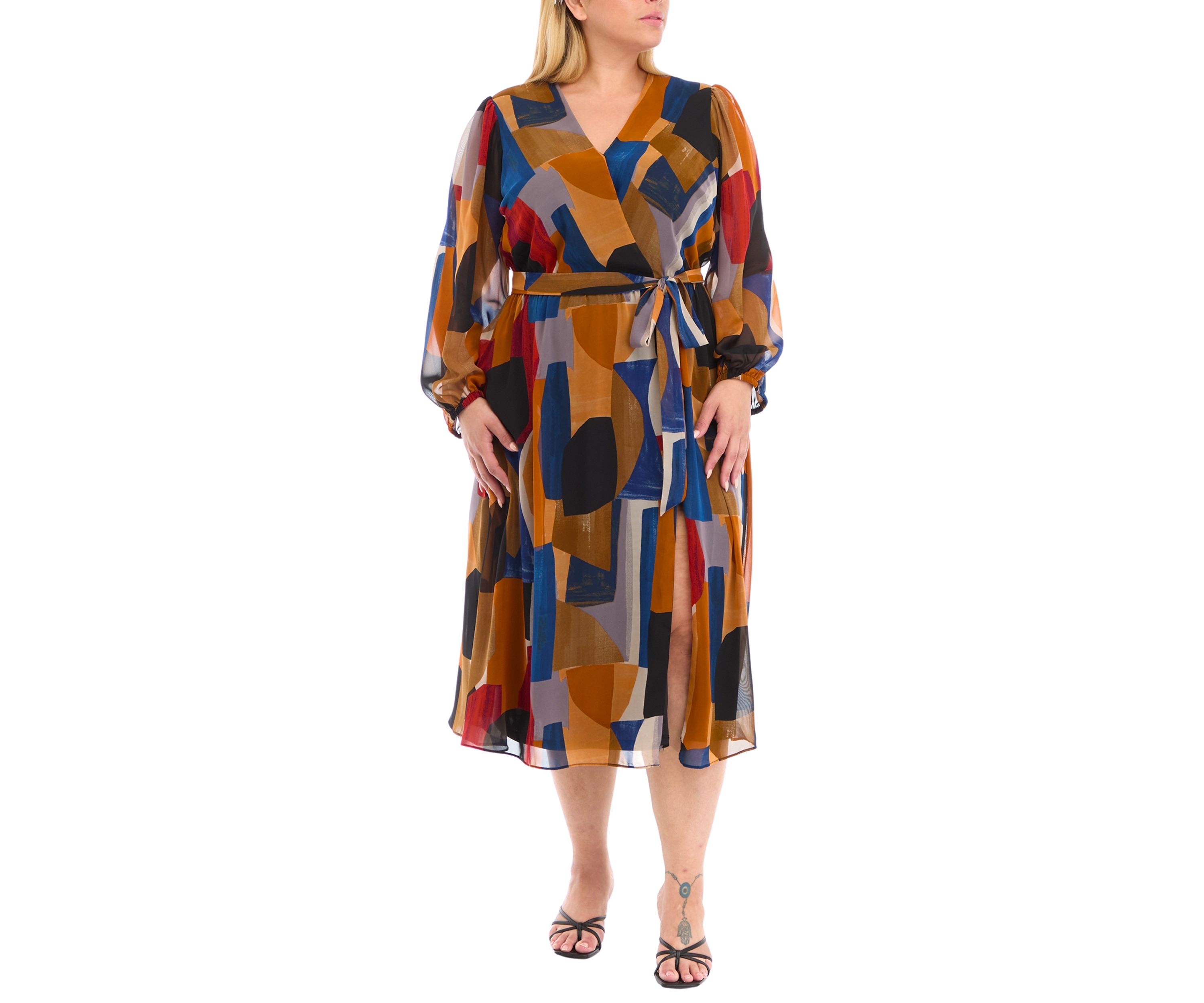 Womens Blouson Sleeve V-Neck Printed Dress