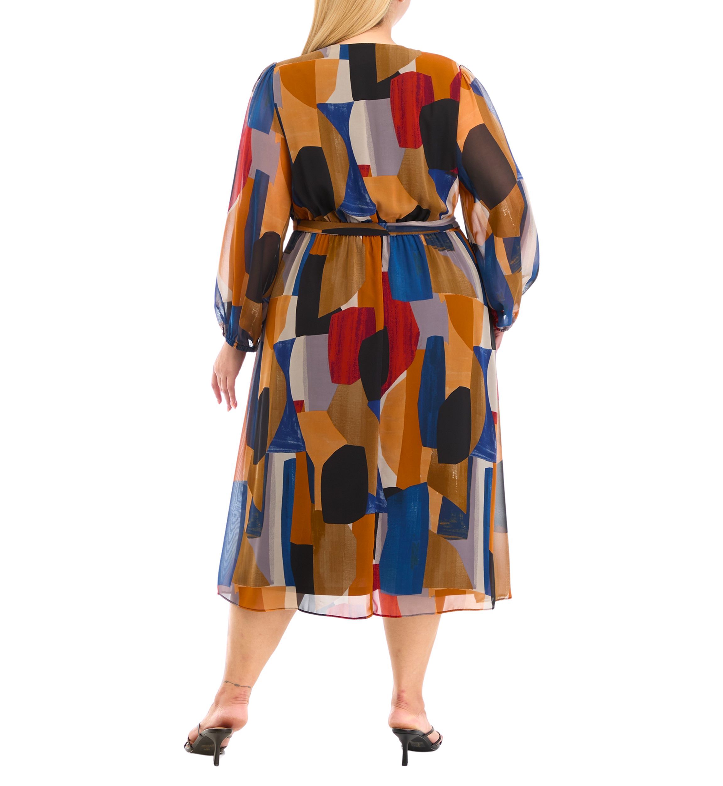 Womens Blouson Sleeve V-Neck Printed Dress
