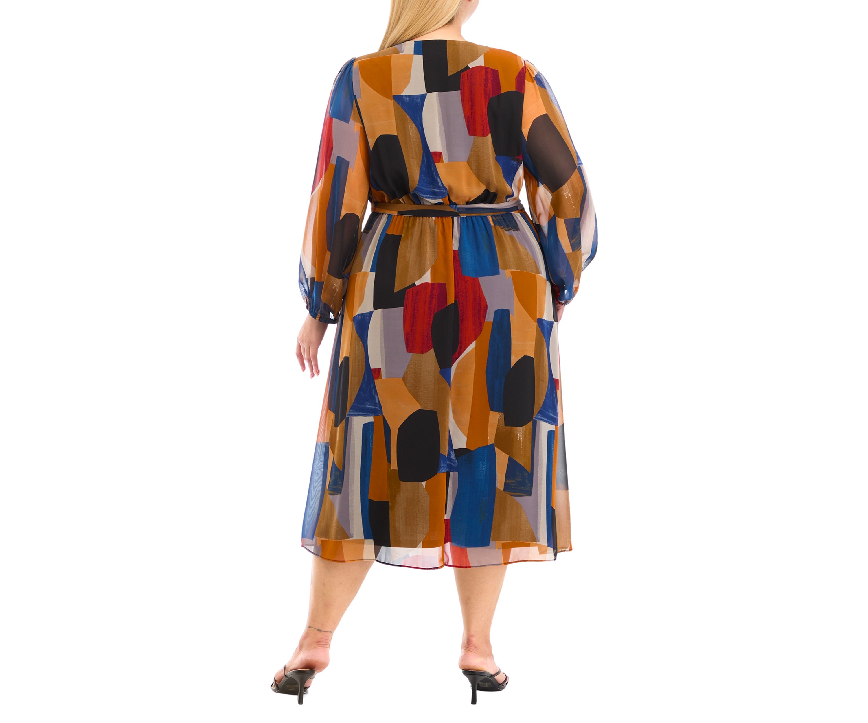 Womens Blouson Sleeve V-Neck Printed Dress
