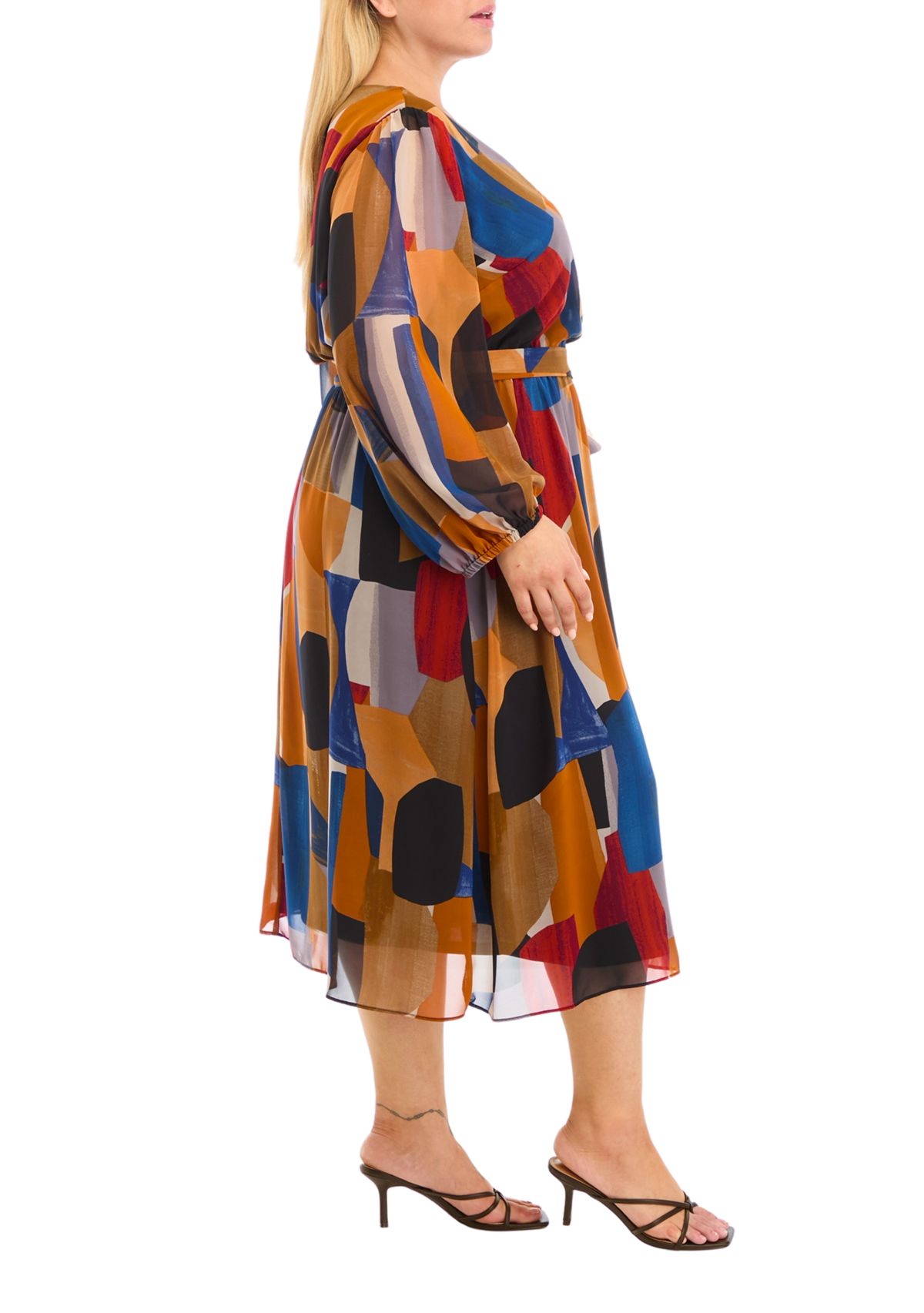 Womens Blouson Sleeve V-Neck Printed Dress