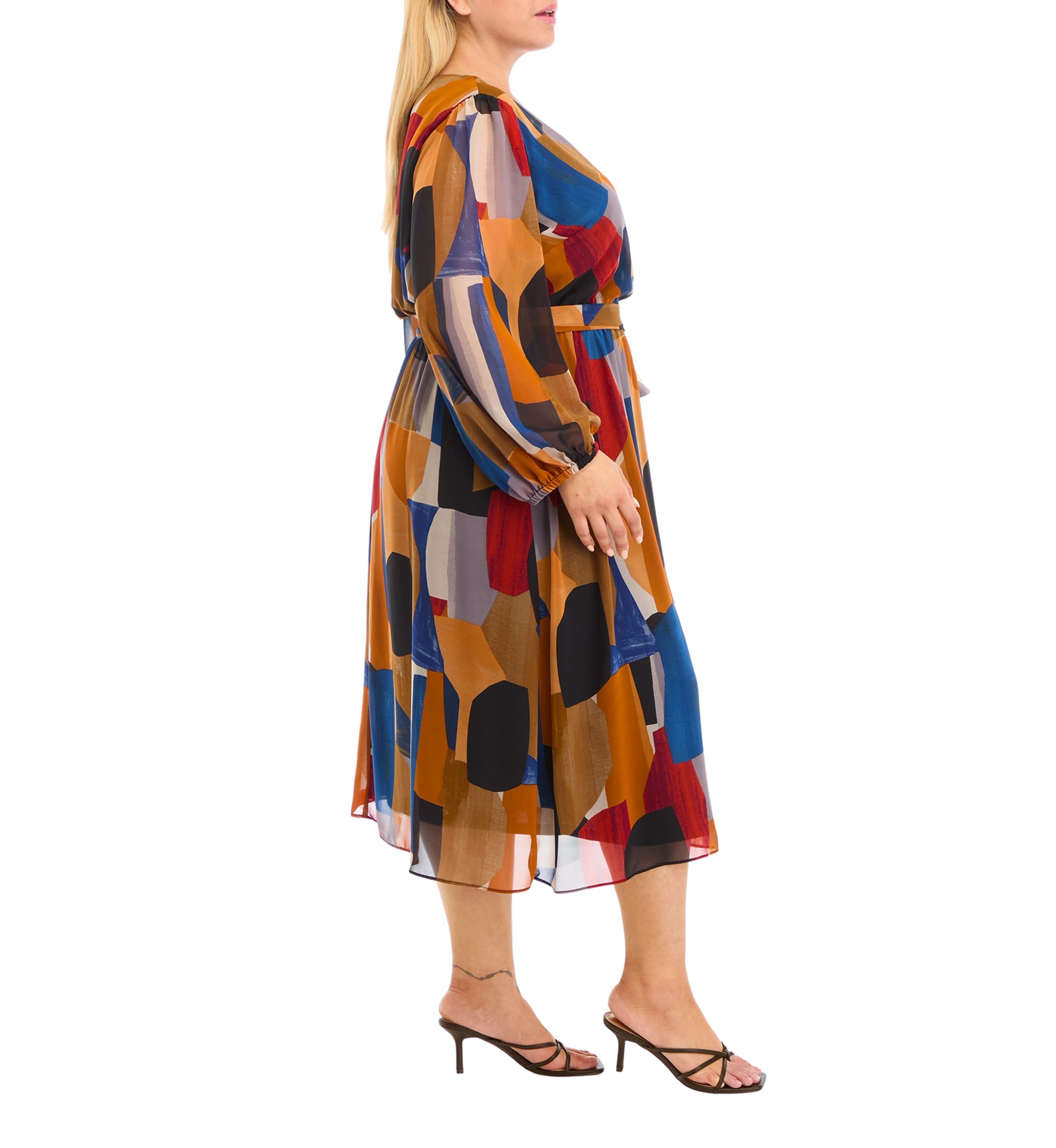 Womens Blouson Sleeve V-Neck Printed Dress